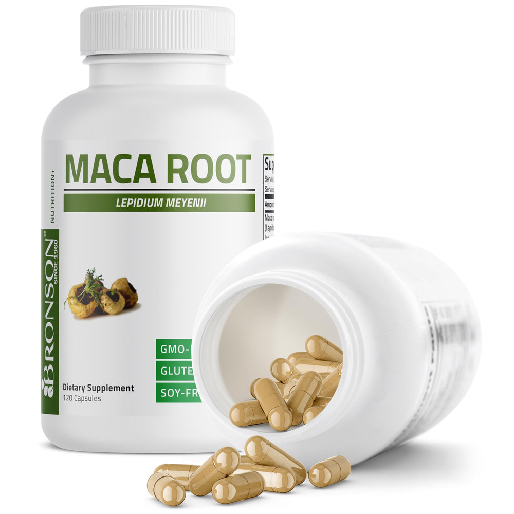 Bronson Maca Root label detail shows quality standards.