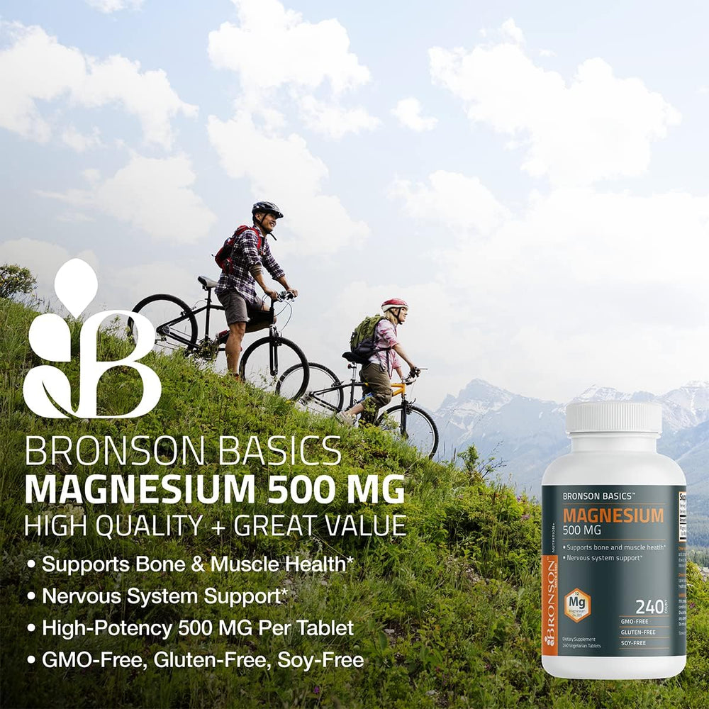 Bronson Magnesium 500mg bottle closeup emphasizing clean, GMO-free formulation.