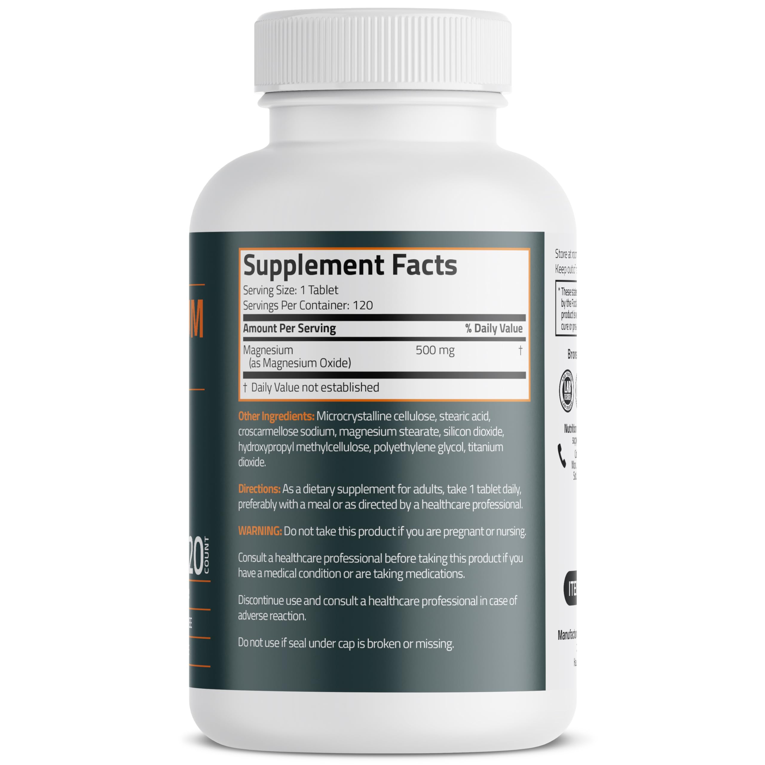 Bronson Magnesium 500mg tablet side angle highlighting potency.