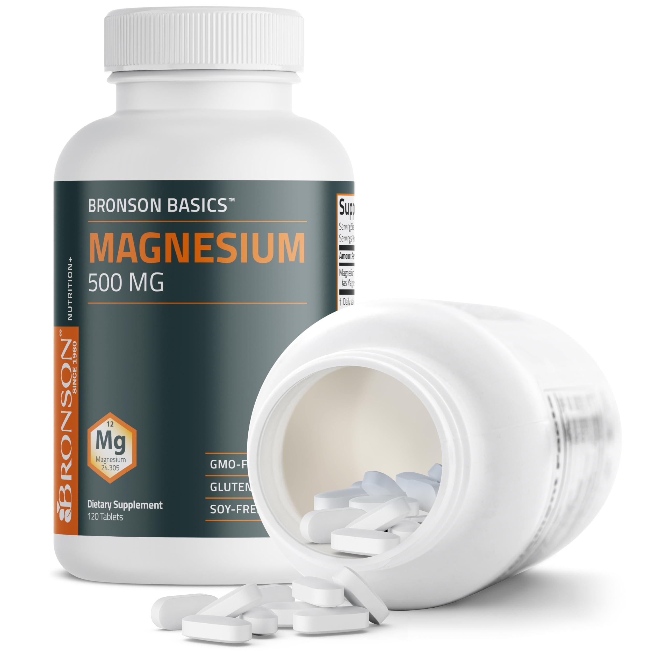 Bronson Magnesium 500mg tablets outside container for easy daily use.