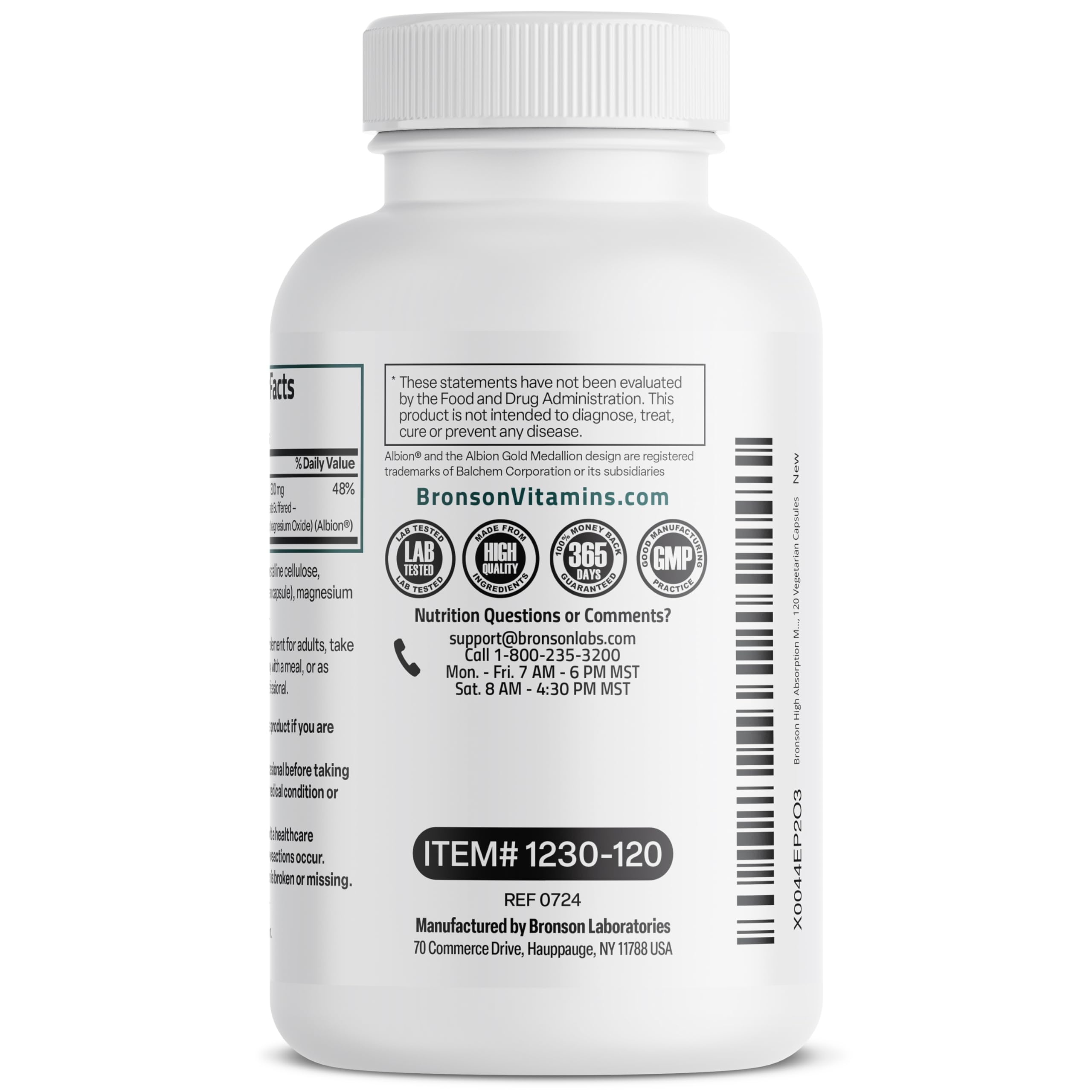 Bronson bottle packaging highlights non-GMO, gluten-free, soy-free claims.