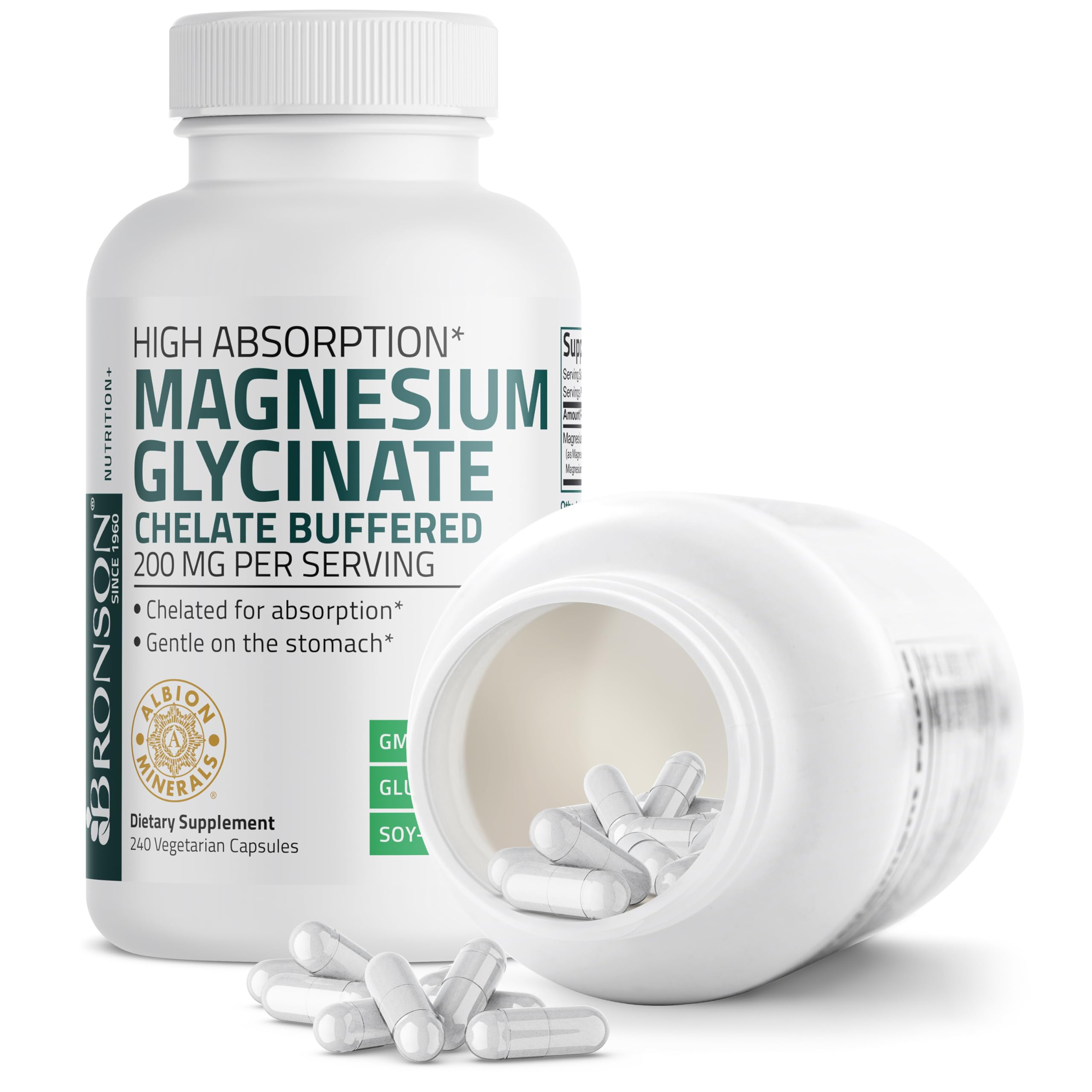 Bronson Magnesium Glycinate ingredient list highlights chelated minerals.