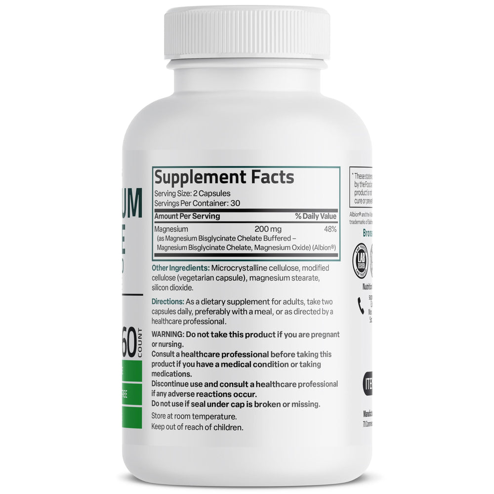 Bronson Magnesium Glycinate label close-up highlighting chelated minerals for absorption