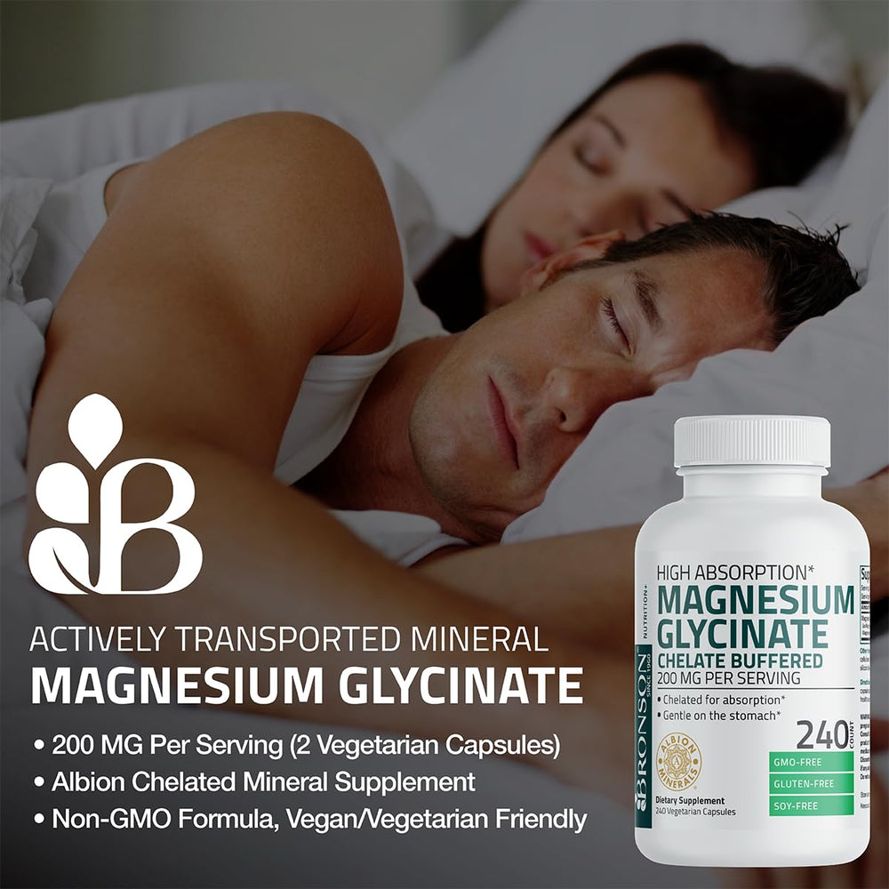 Bronson Magnesium Glycinate label highlights non-GMO, gluten-free, and soy-free ingredients.