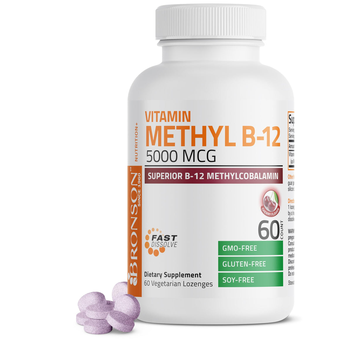 Bronson Methyl B12 bottle front showing 60 lozenges for energy support