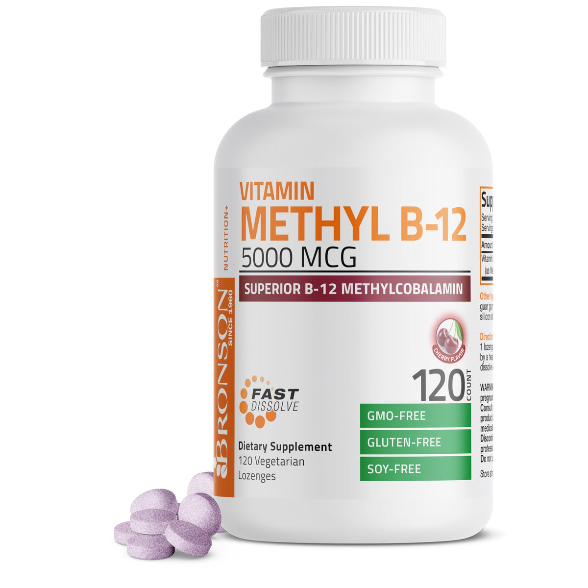 Bronson Methyl B12 lozenge bottle displaying label for energy and brain support