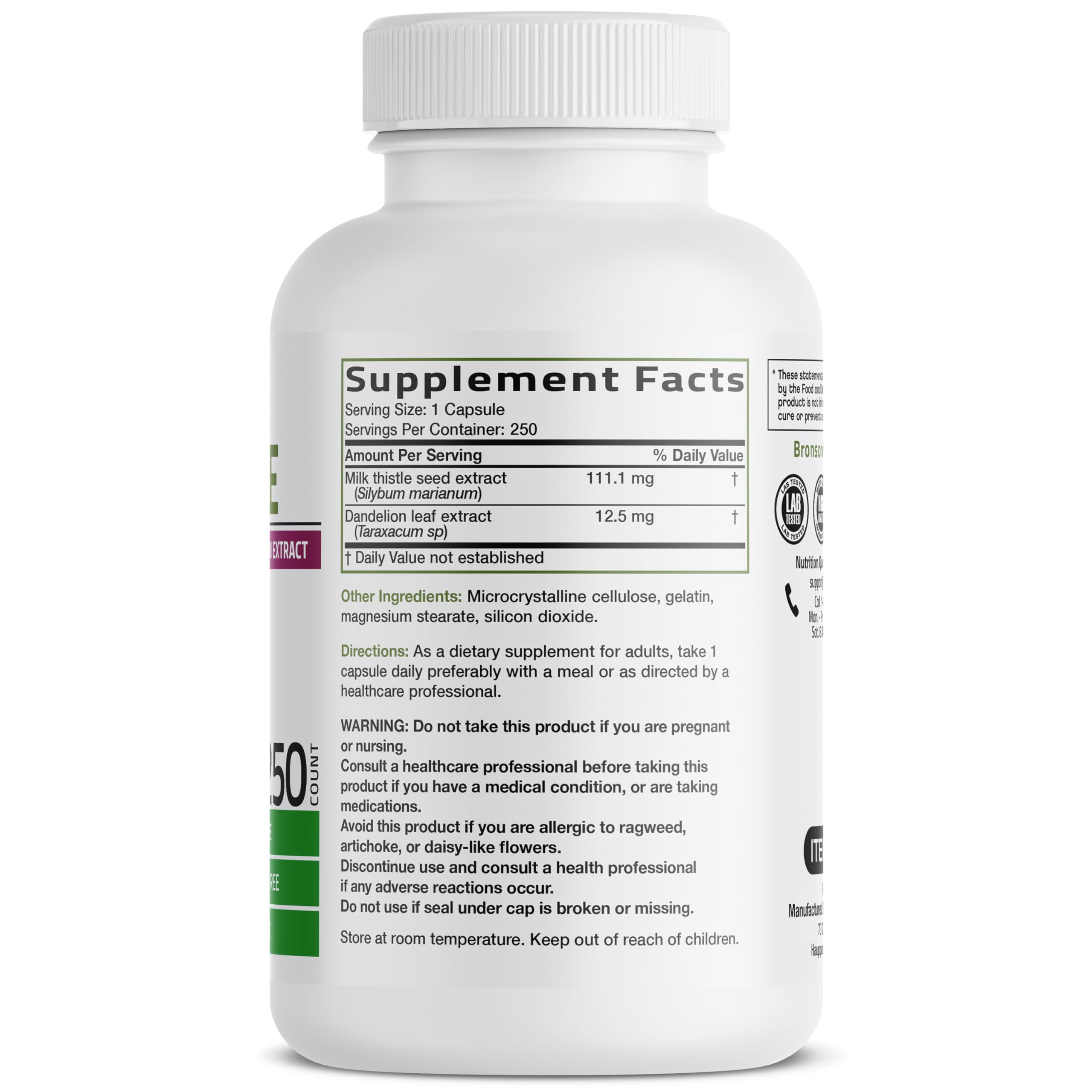 Bronson Milk Thistle Dandelion Capsules close-up show capsules for liver health support.