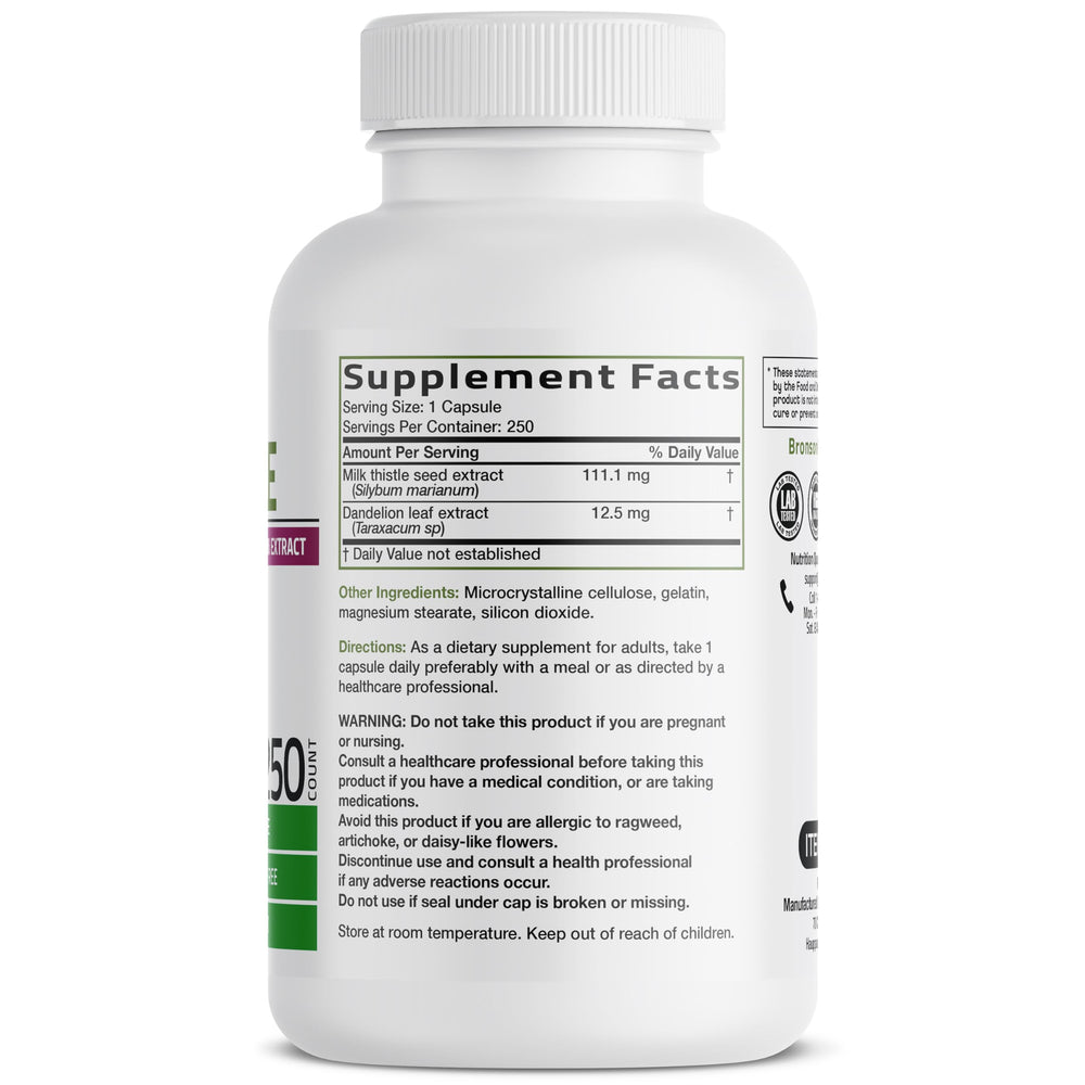 Bronson Milk Thistle Dandelion Capsules close-up show capsules for liver health support.