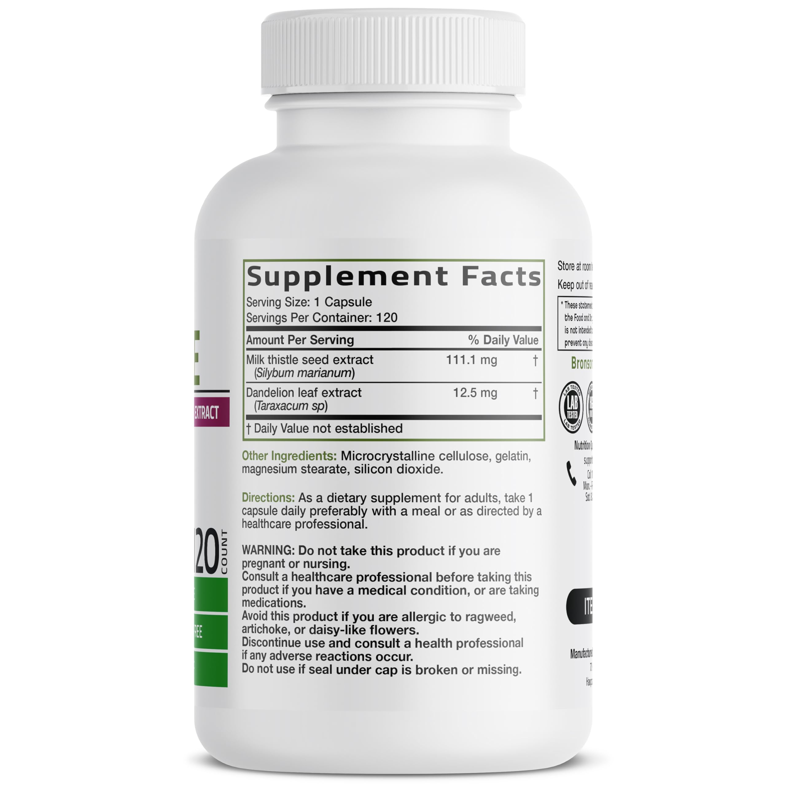 Bronson Milk Thistle capsules packaging displays convenient daily dosage.