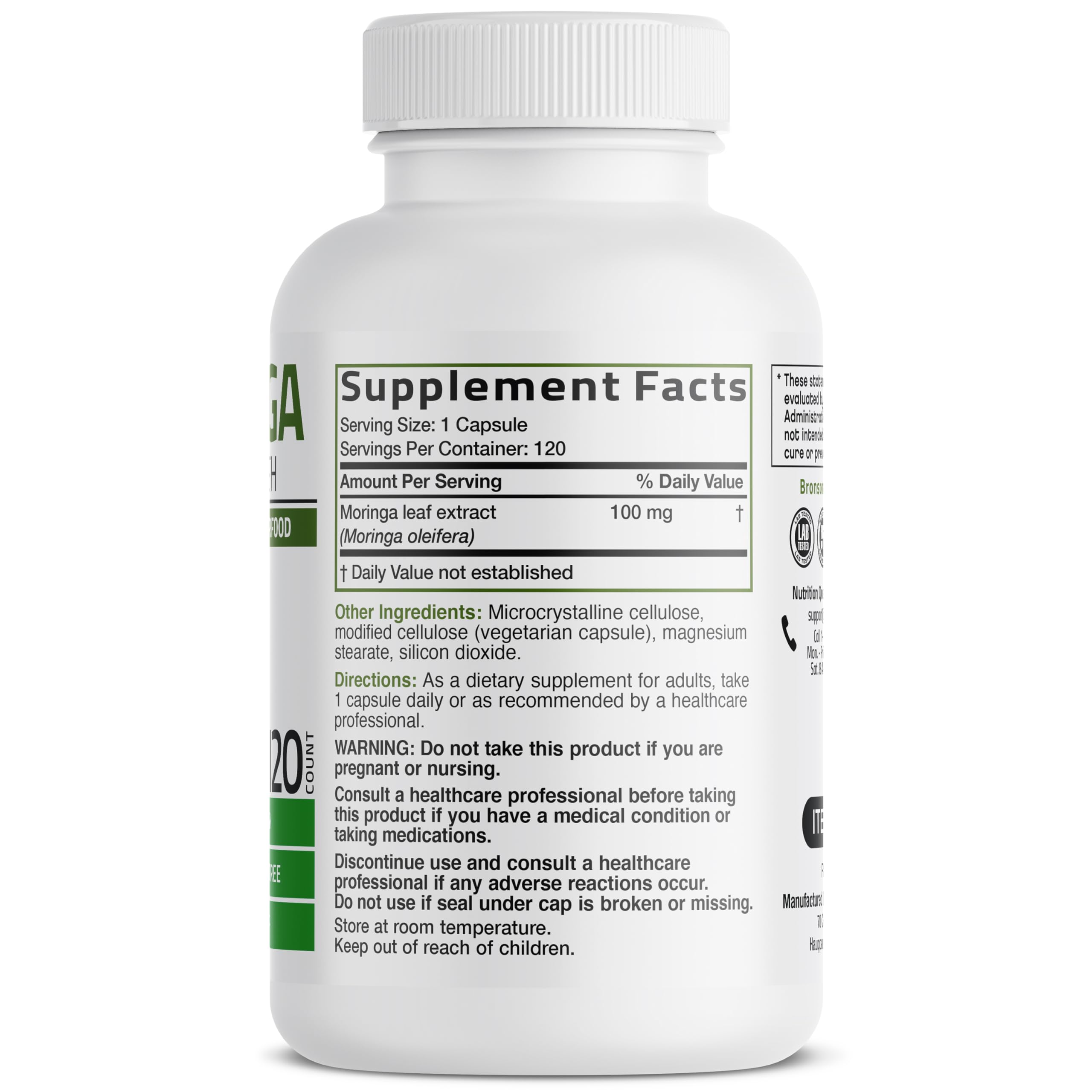 Bronson Moringa capsules closeup; easy-to-swallow capsules for daily use.