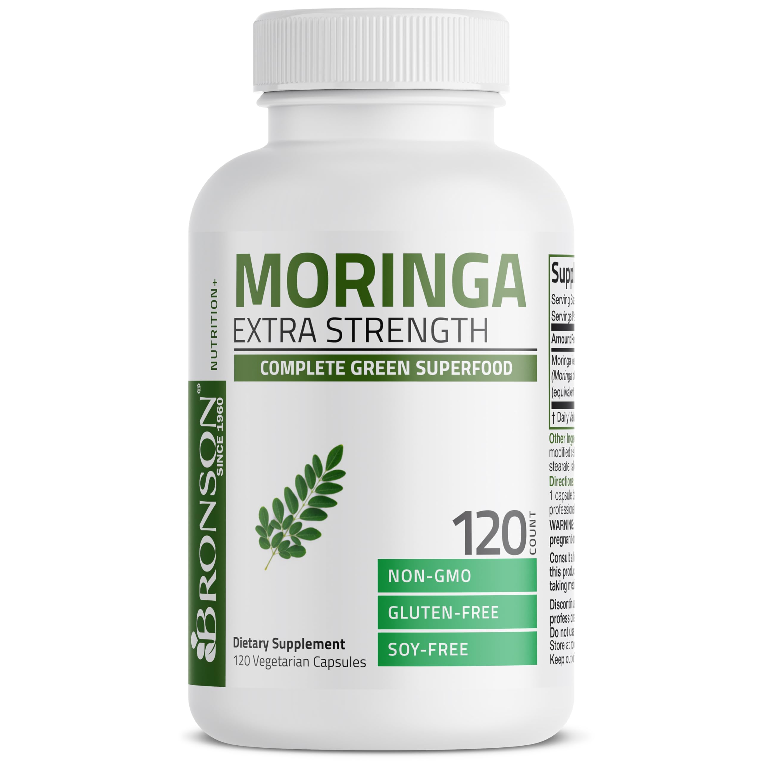 Bronson Moringa label front; transparency and quality cues.