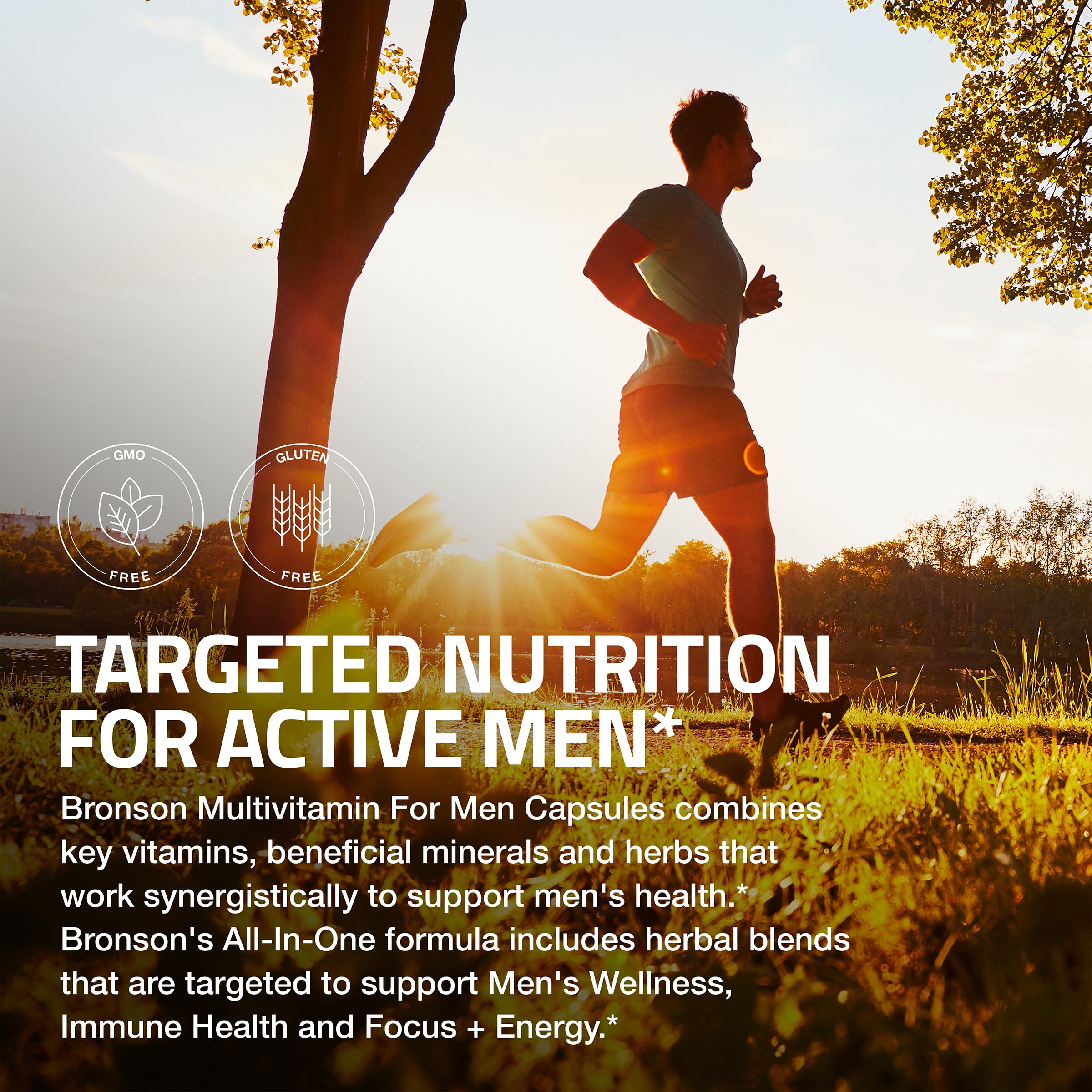 Bronson Multivitamin for Men bottle featuring Ashwagandha blend for overall wellness support.