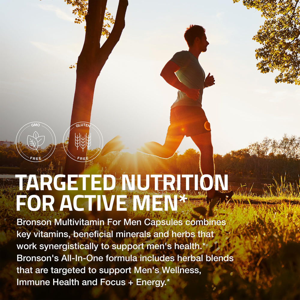 Bronson Multivitamin for Men bottle featuring Ashwagandha blend for overall wellness support.