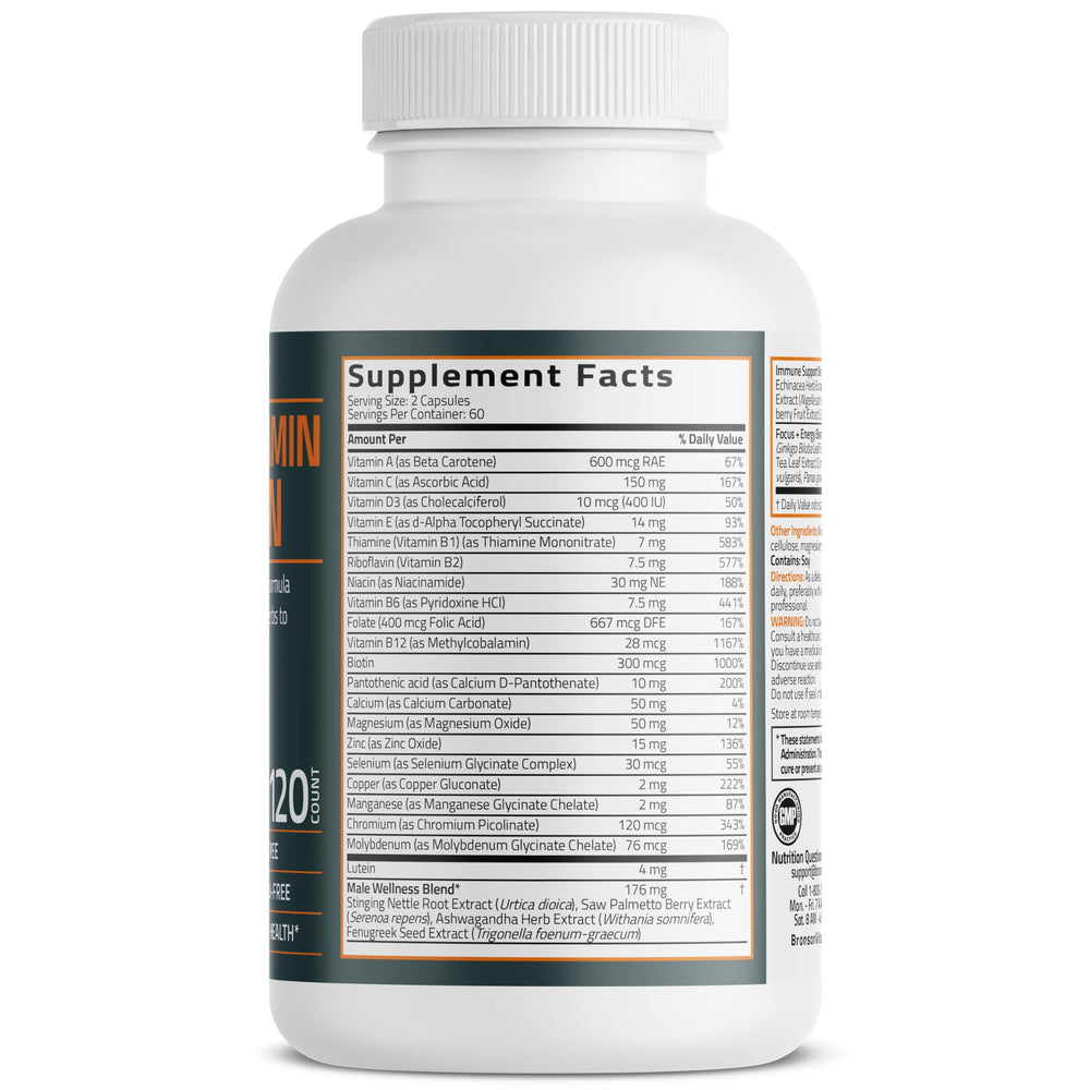 Bronson Multivitamin for Men capsules close-up promoting steady daily energy.