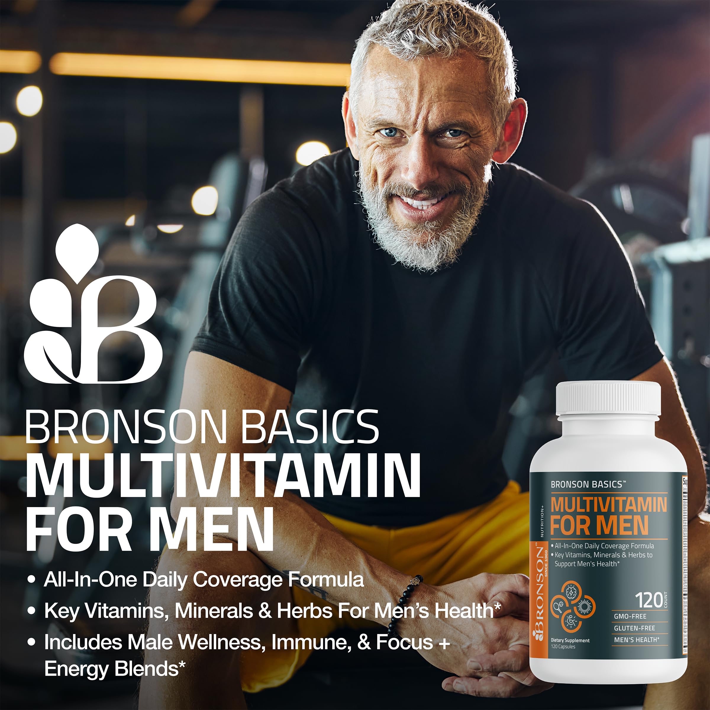 Bronson Multivitamin for Men immune blend highlights elderberry and echinacea.
