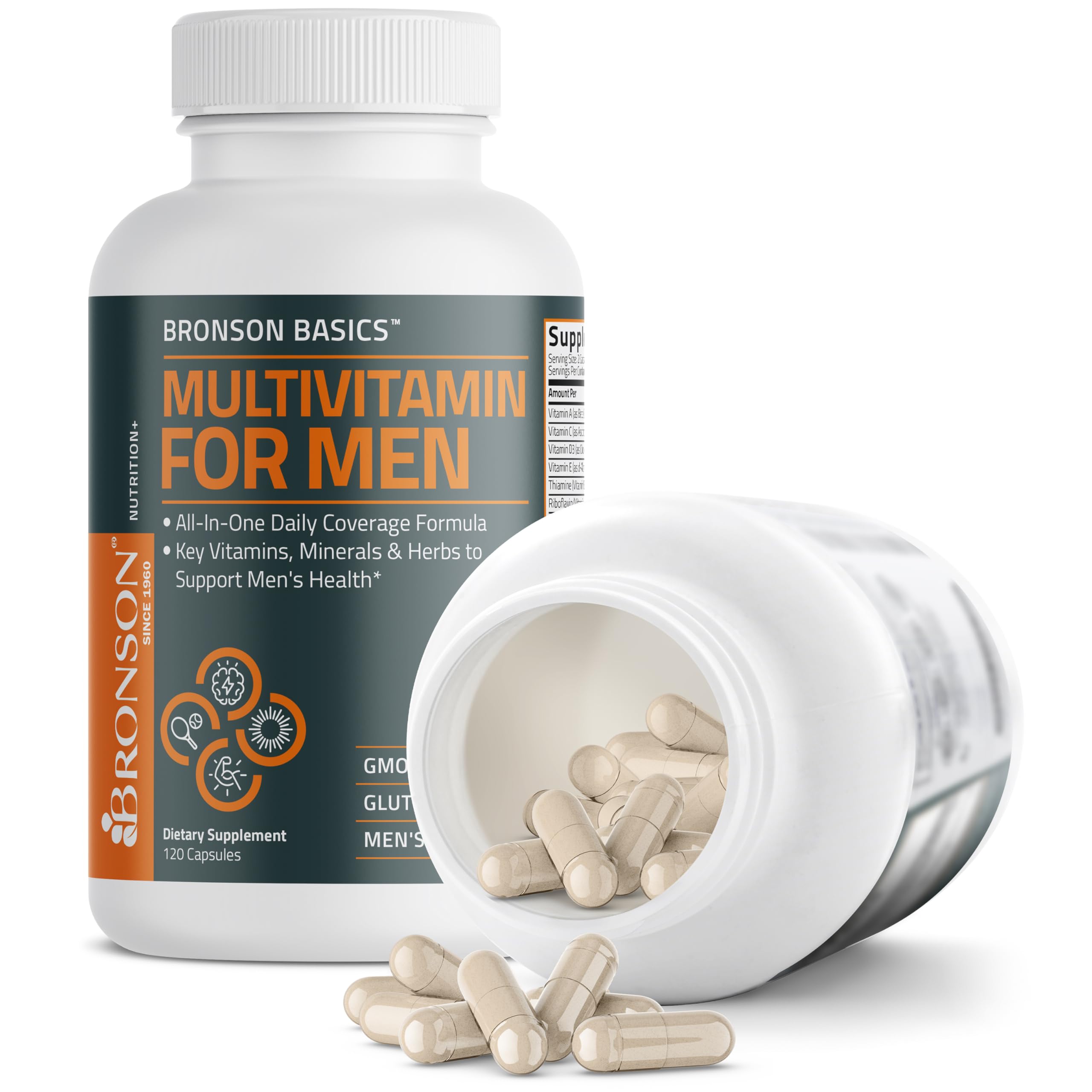 Bronson Multivitamin for Men packaging front signals heritage since 1960.