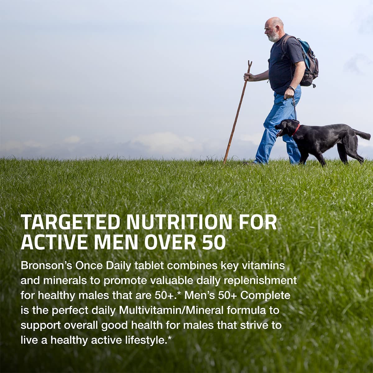 Bronson One Daily Men’s 50+ pill-dispense image emphasizes routine.