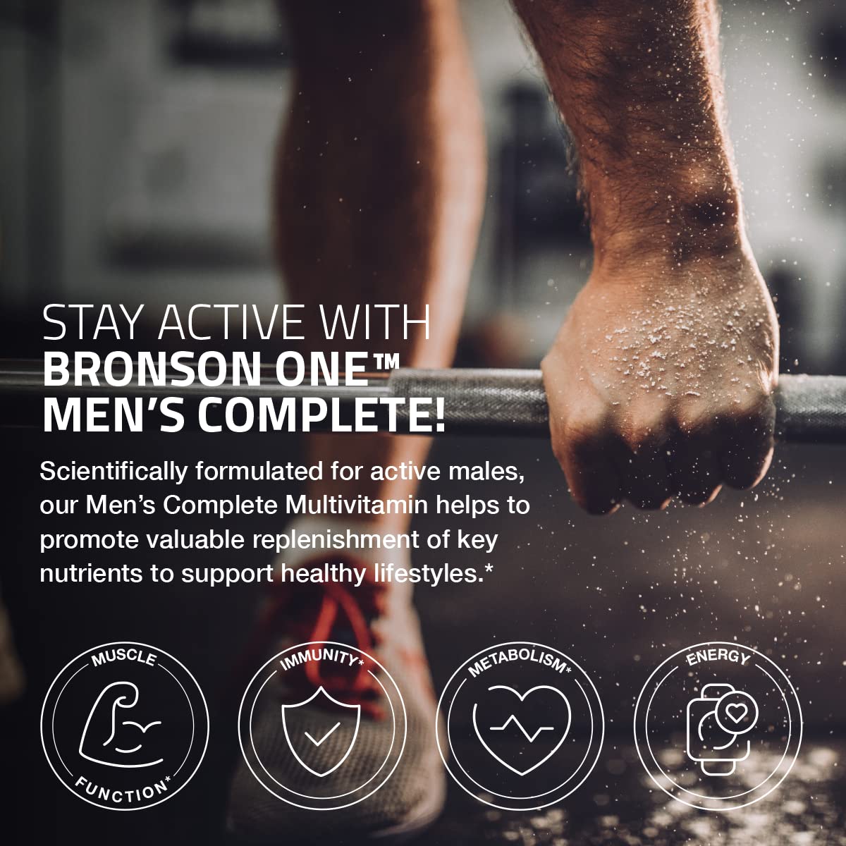 Bronson ONE bottle with active man lifestyle suggesting energy and endurance support.
