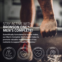 Bronson ONE bottle with active man lifestyle suggesting energy and endurance support.