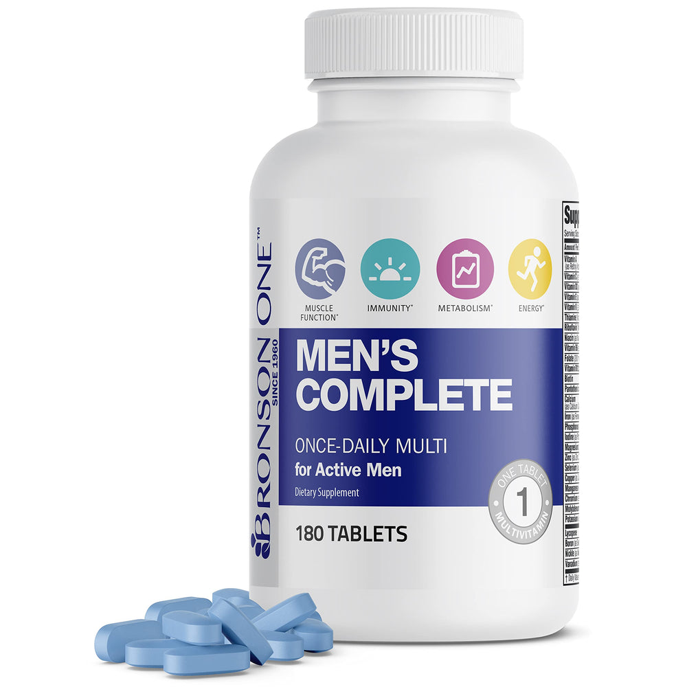 Bronson ONE daily multivitamin bottle close-up for active men, supporting energy.