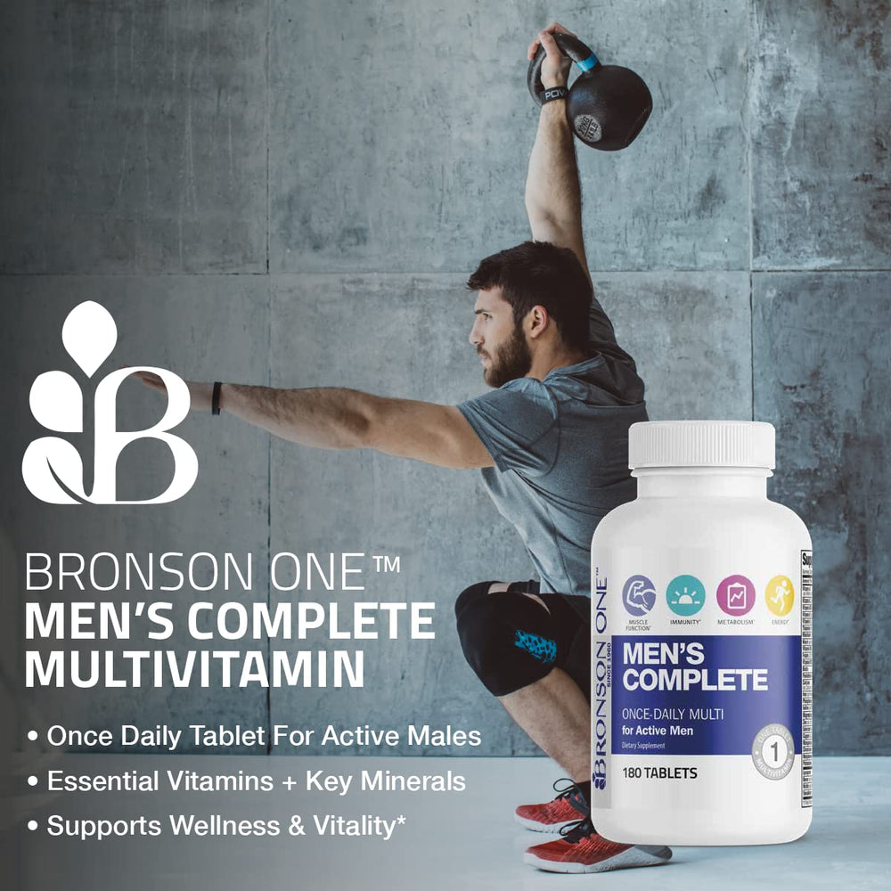 Bronson ONE tablets on scoop highlighting essential nutrients for daily wellness.