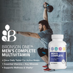 Bronson ONE tablets on scoop highlighting essential nutrients for daily wellness.