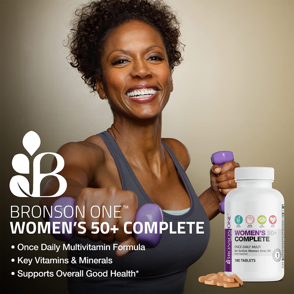 Bronson ONE Daily 50+ tablets inside bottle ready for daily intake.