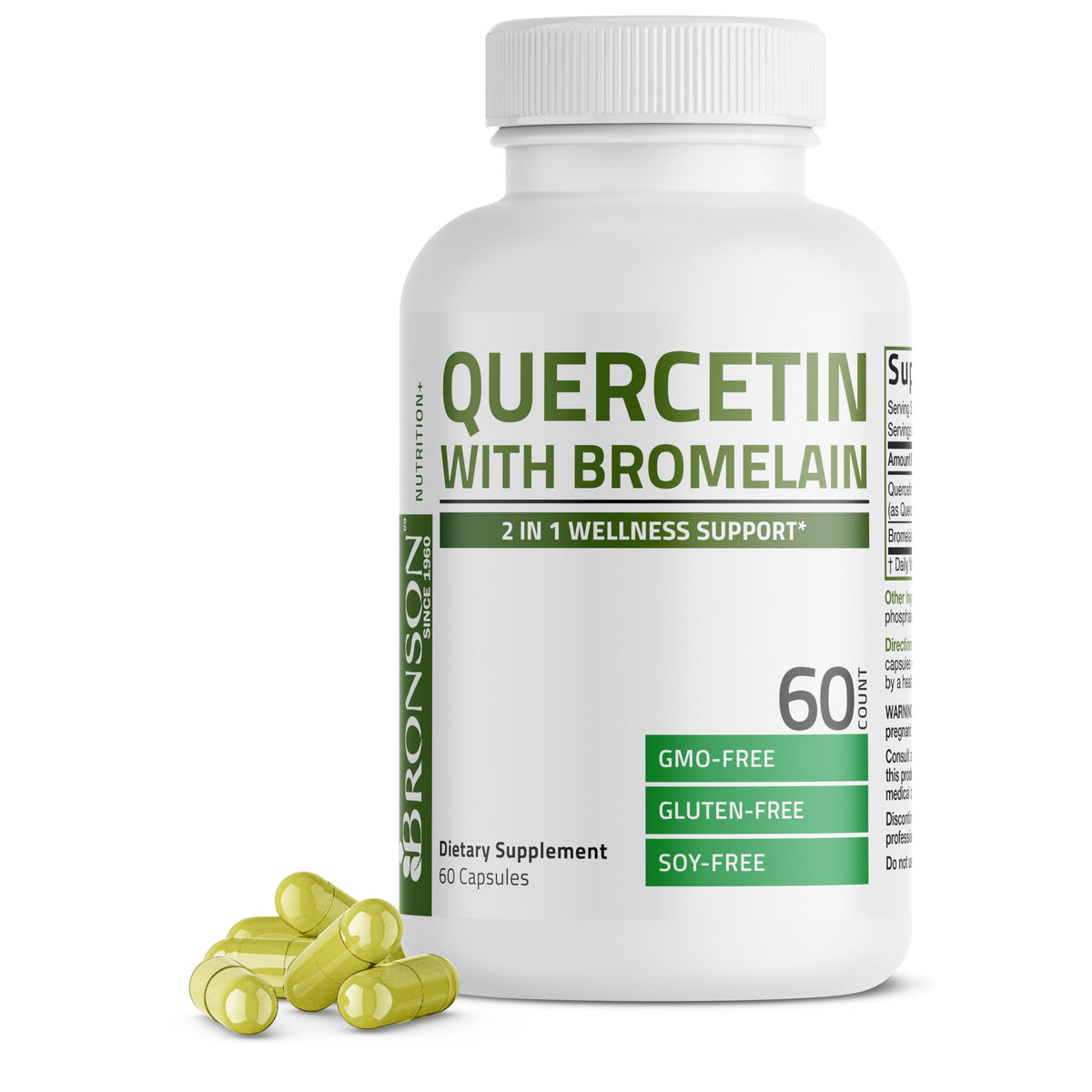 Bronson Quercetin Bromelain 2-in-1 capsules for daily wellness support.