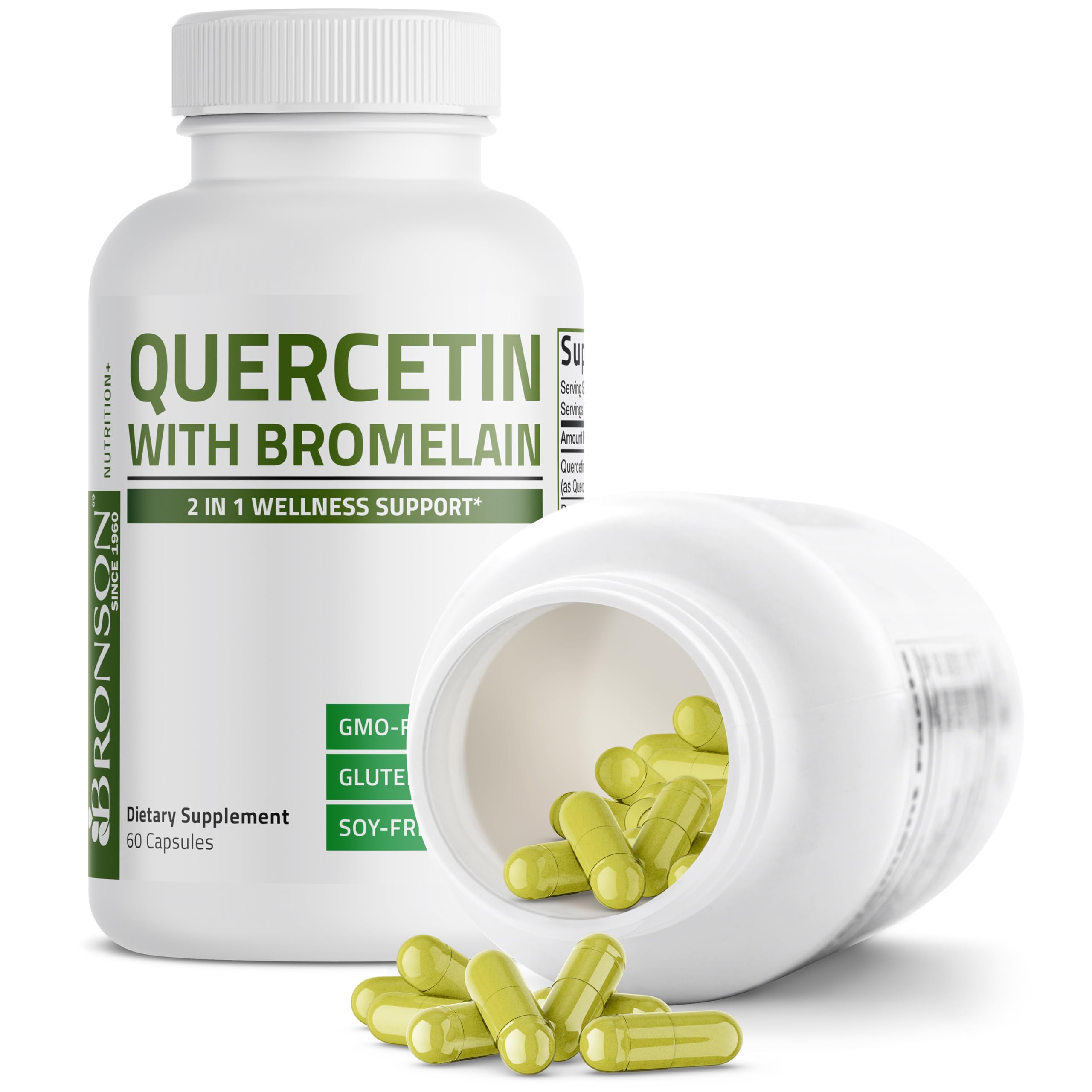 Bronson Quercetin Bromelain gluten-free and non-GMO badge.