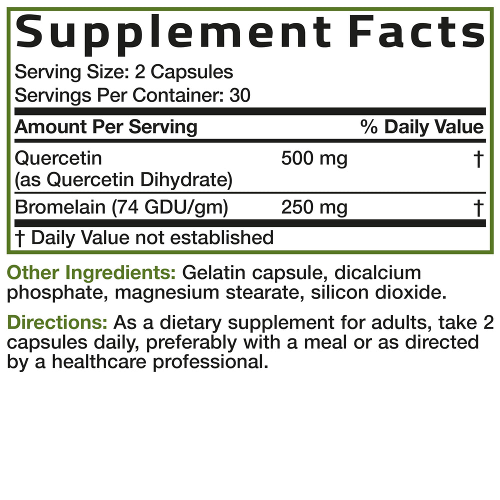 Bronson Quercetin Bromelain lab test seal on packaging.