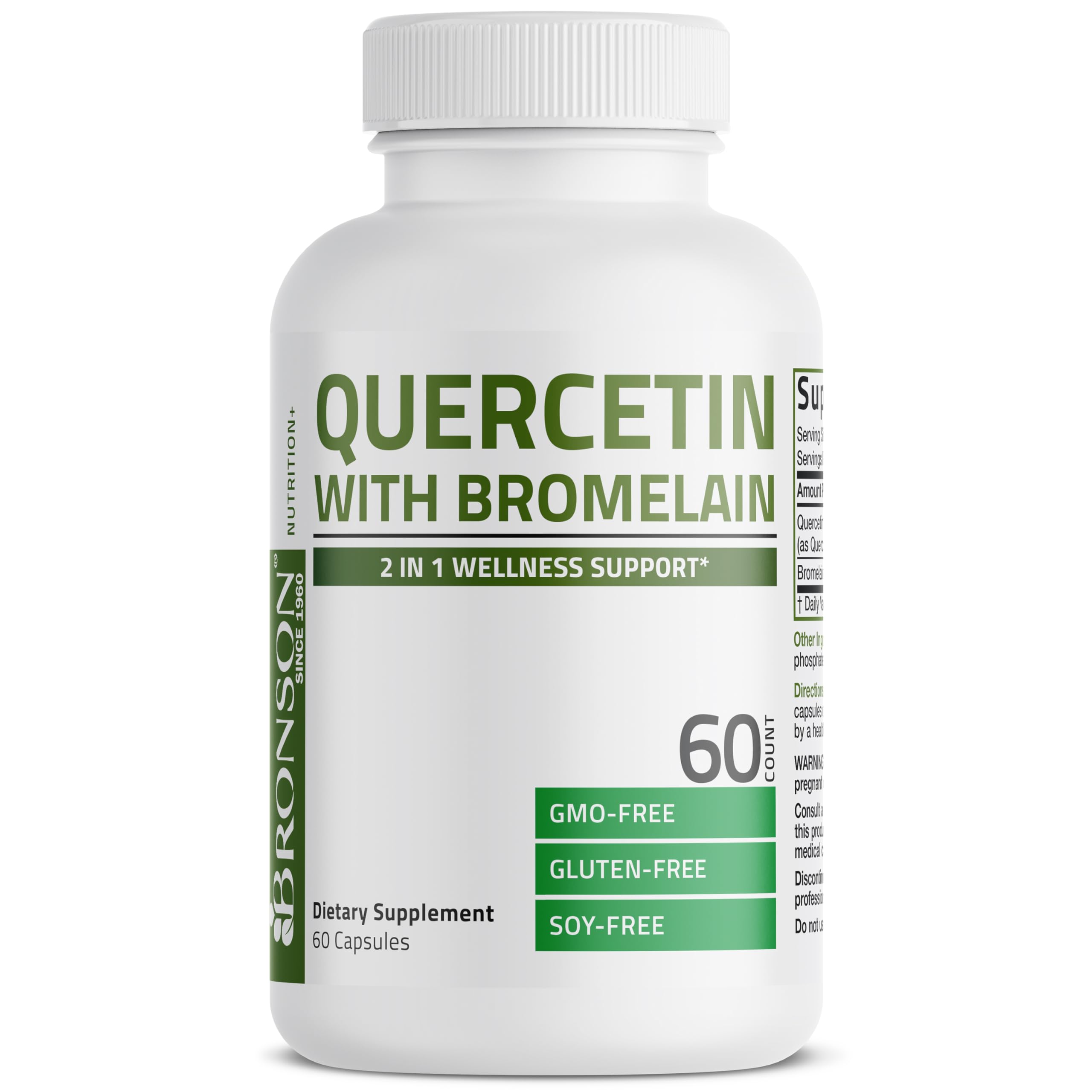 Bronson Quercetin Bromelain label highlights product details.