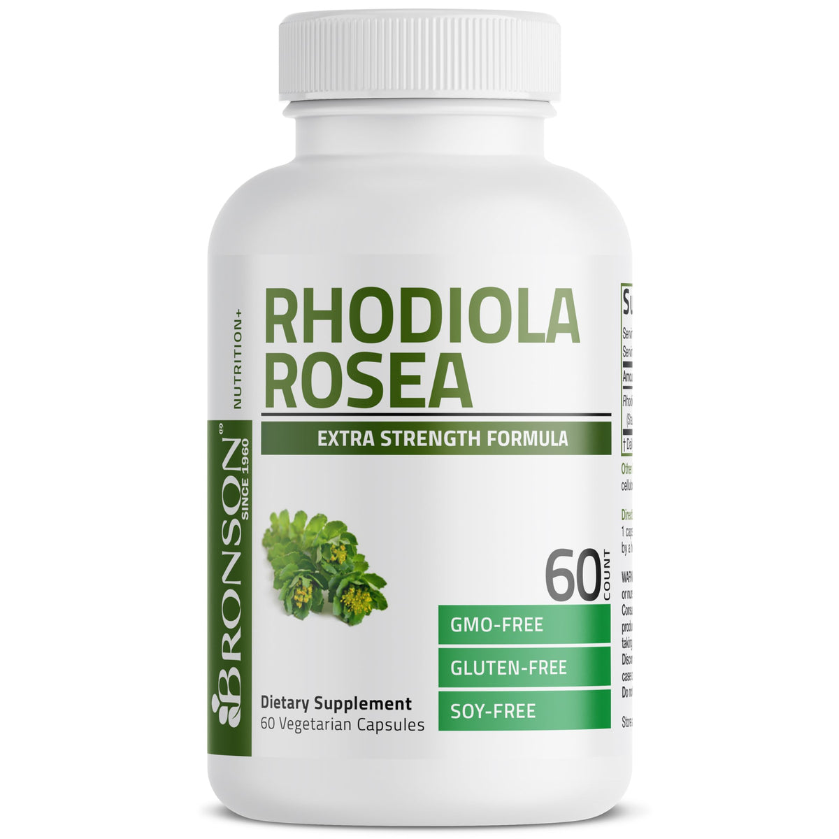 Bronson Rhodiola Rosea capsules in bottle for daily stress support.