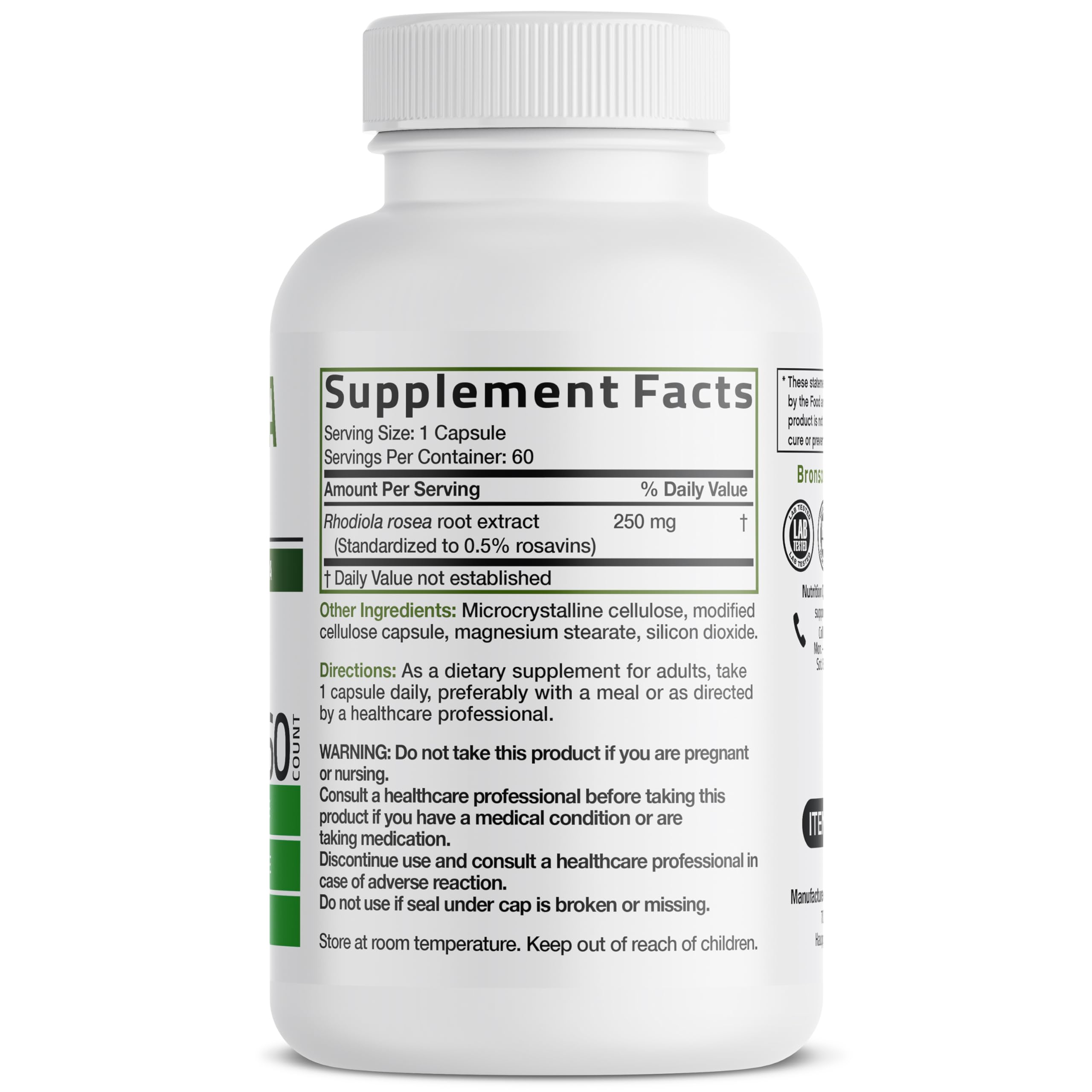 Close-up of label showing non-GMO, gluten-free, soy-free Bronson formula.