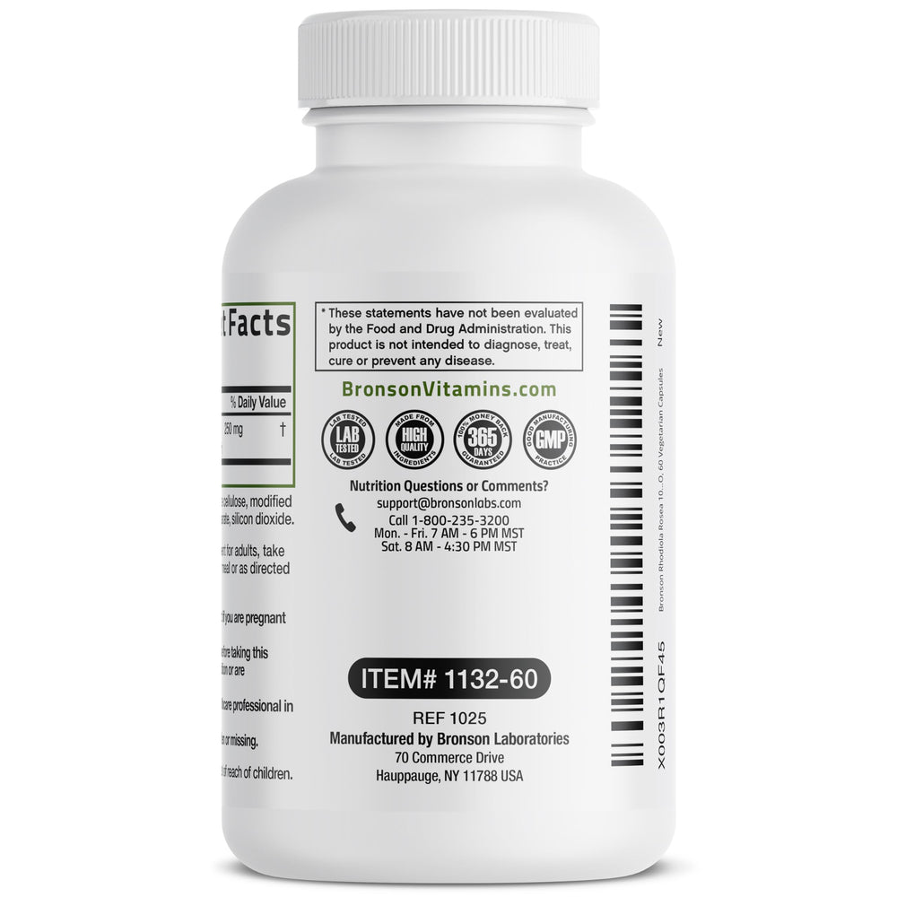 Daily-use pack suggesting convenient vegetarian Rhodiola for mood and focus.