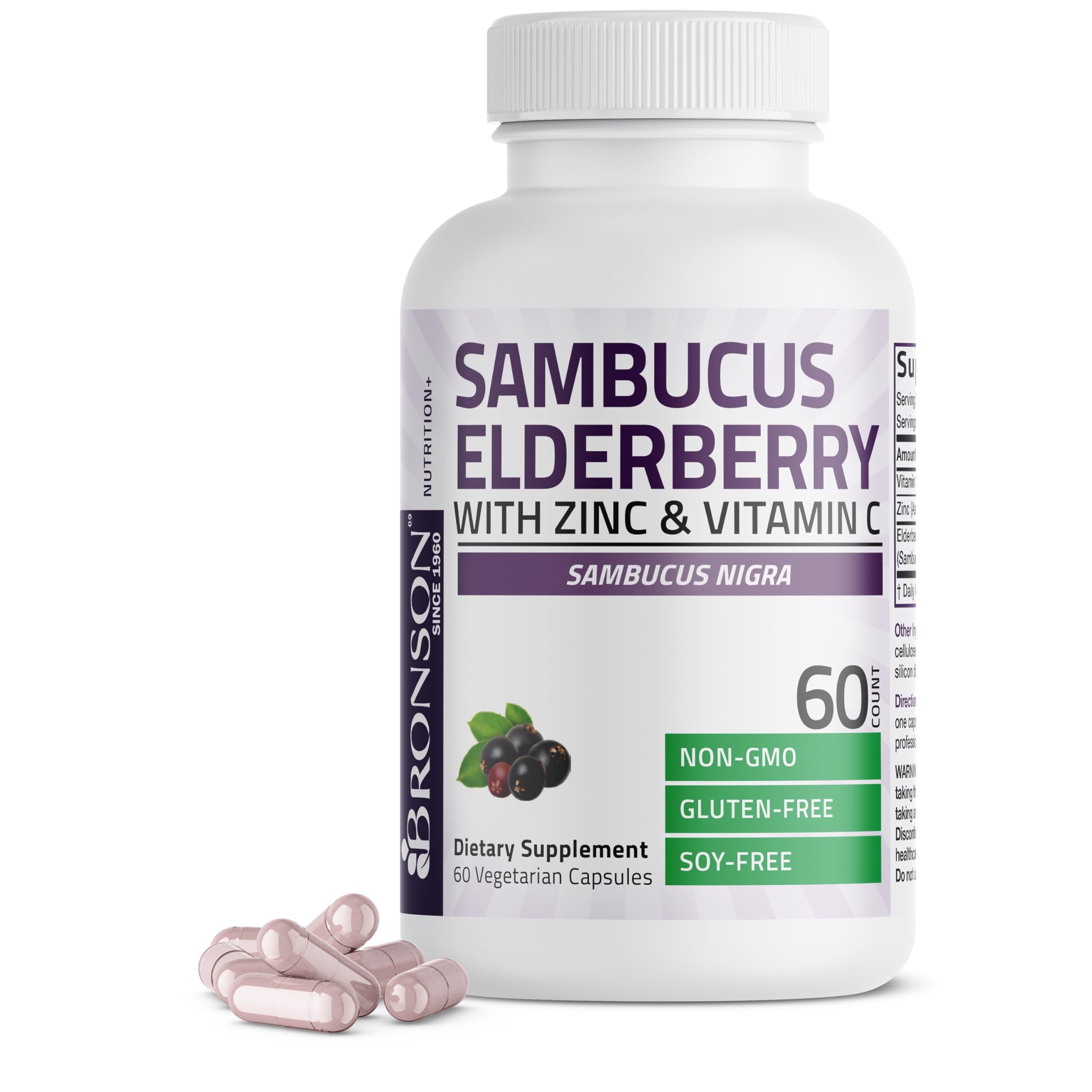 Bronson Sambucus elderberry bottle showcasing the triple immune support formula.