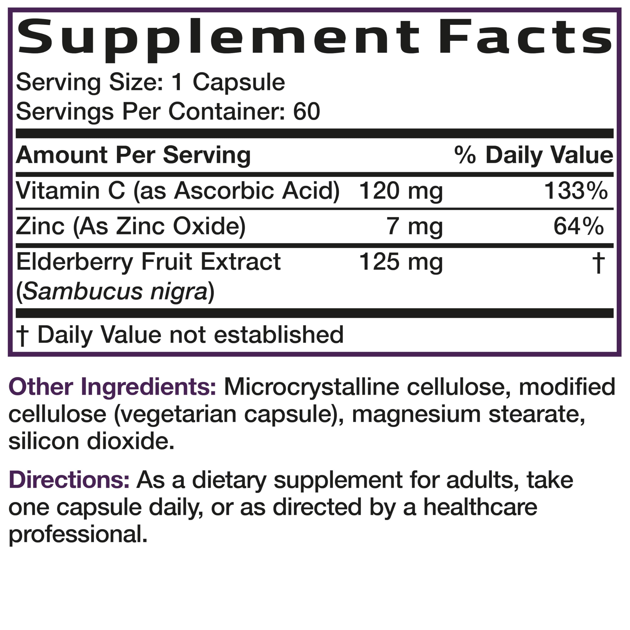 Bronson Sambucus elderberry nutrition panel highlights elderberry, zinc, and vitamin C.