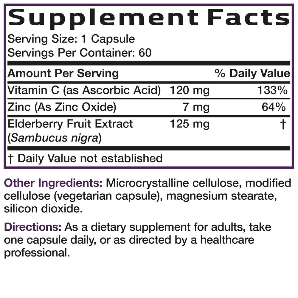 Bronson Sambucus elderberry nutrition panel highlights elderberry, zinc, and vitamin C.