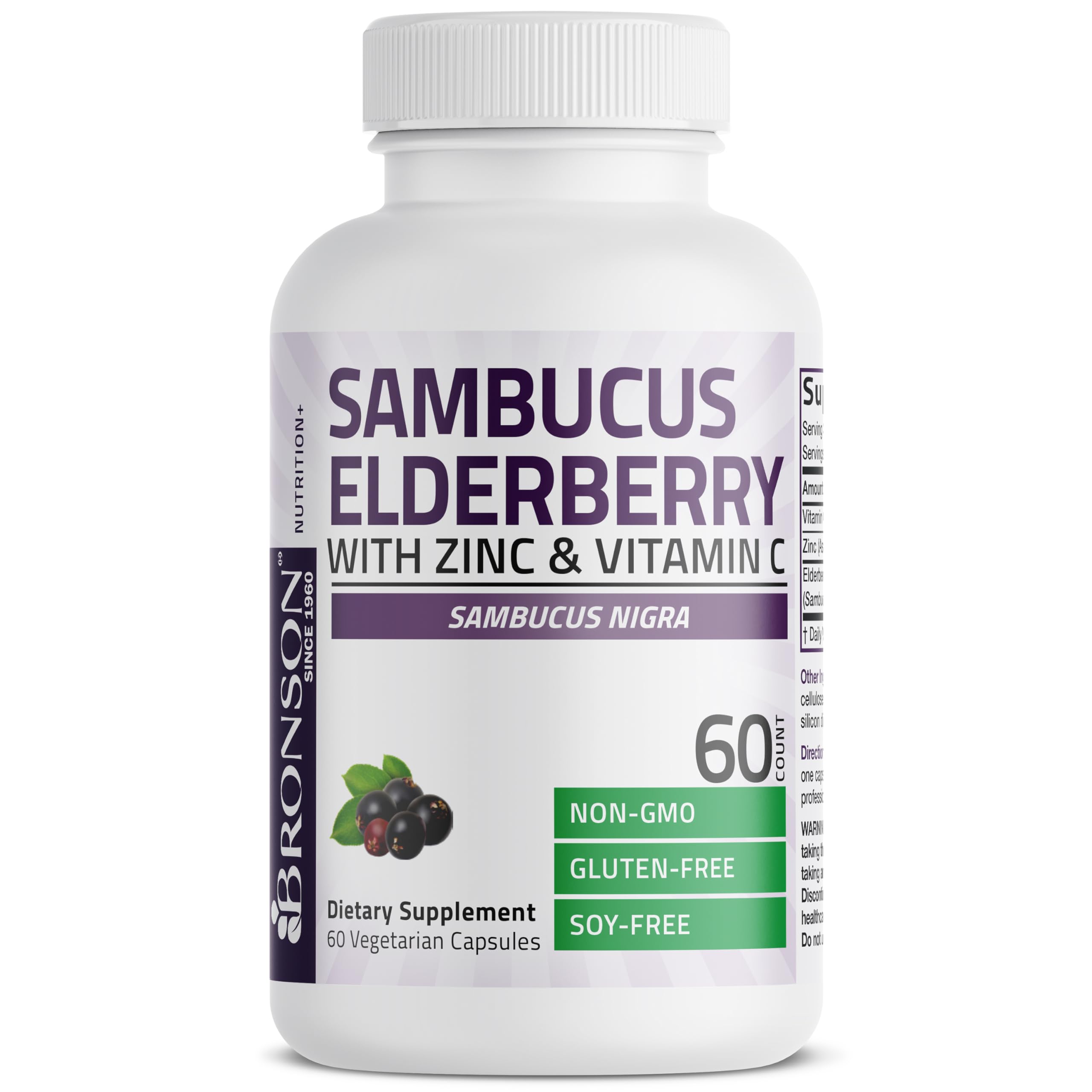 Close-up of Bronson Sambucus elderberry packaging quality.