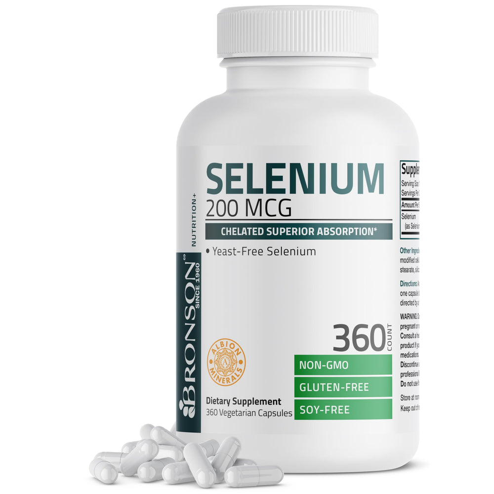 Bronson Selenium 200 mcg bottle closeup showing compact capsules for easy daily intake potential immune support