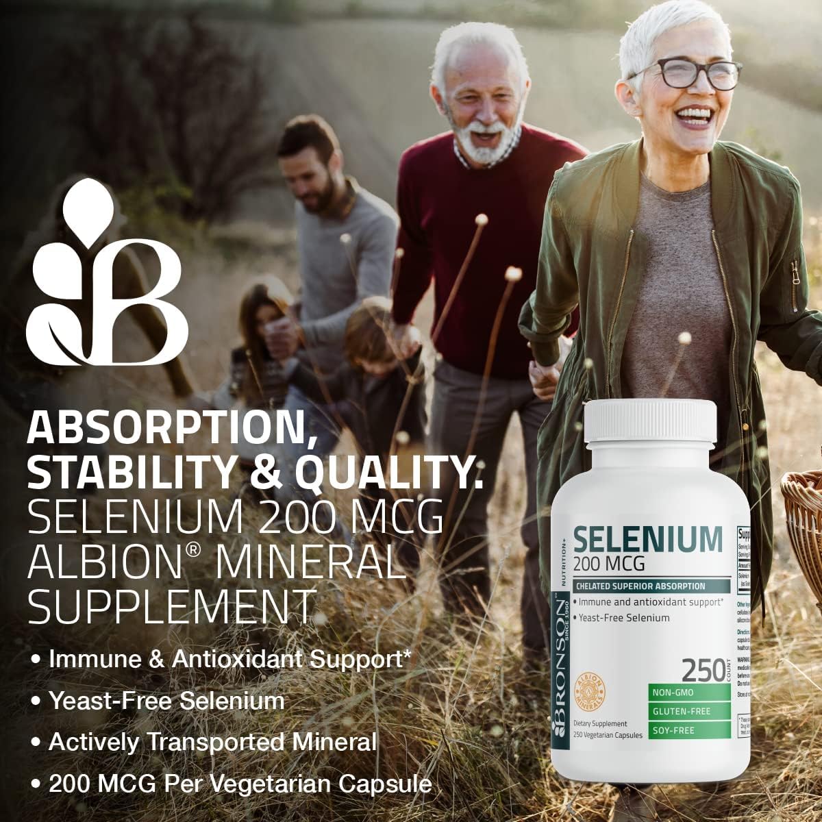 Bronson Selenium 200 mcg capsules arrangement emphasizes yeast-free formula and easy dosing