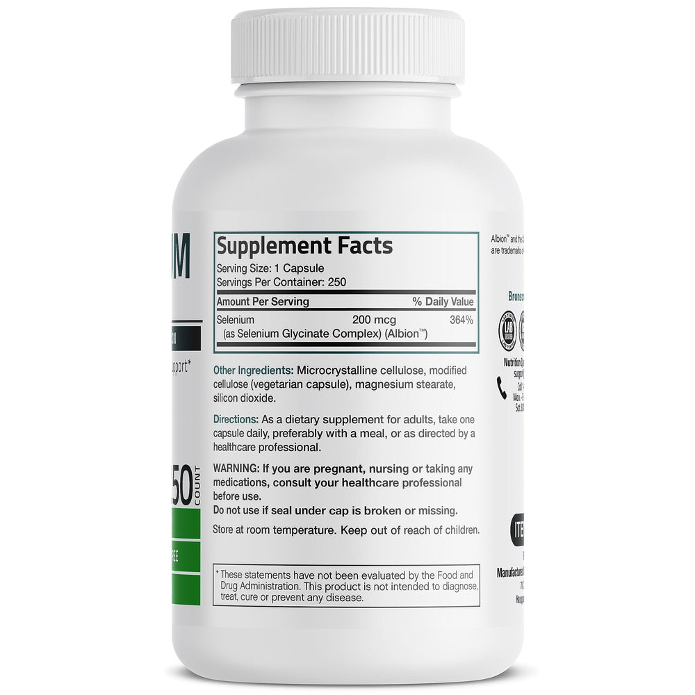 Bronson Selenium capsules close-up demonstrating yeast-free micronutrient in capsules.