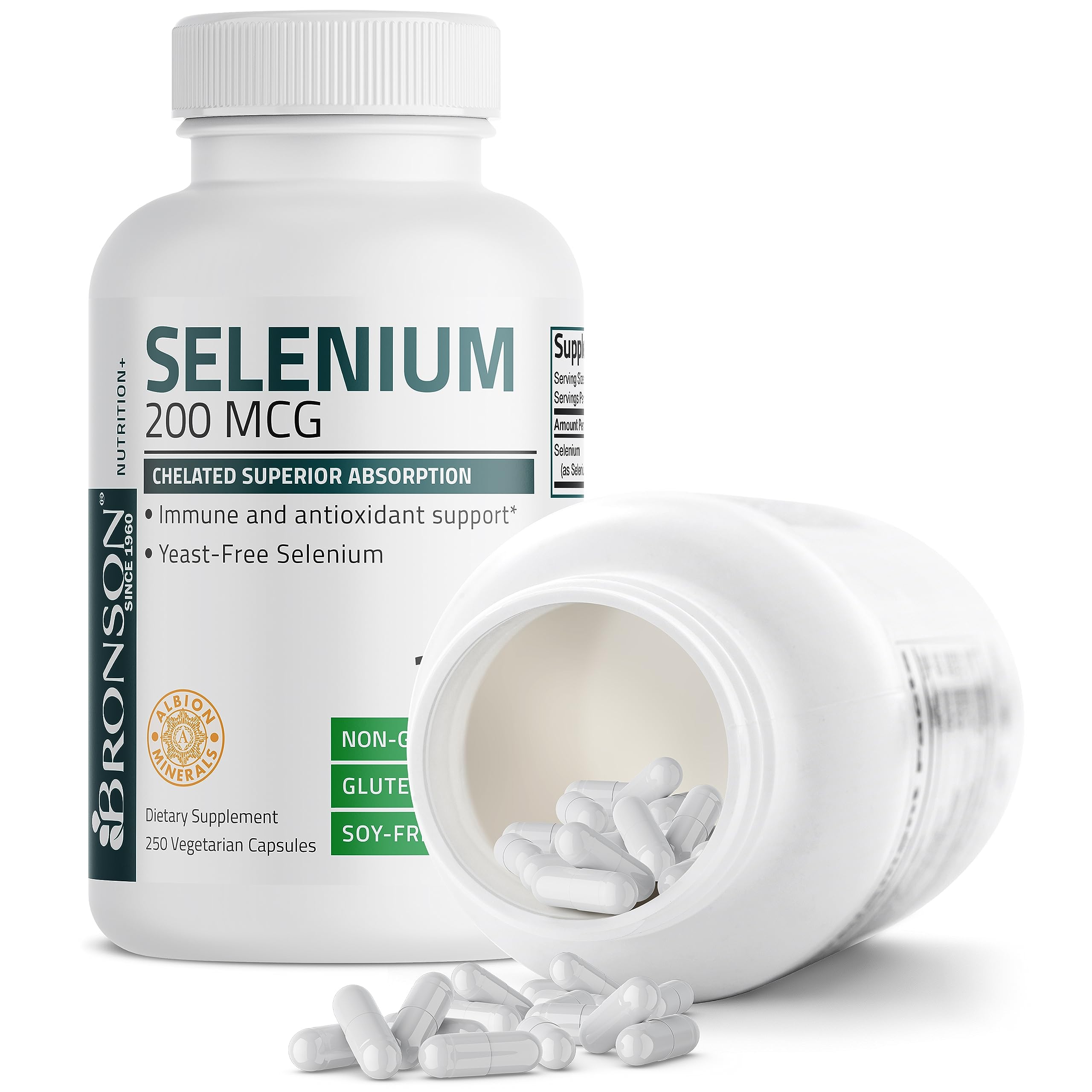 Bronson Selenium facility label underlining non-GMO and cGMP New York production.