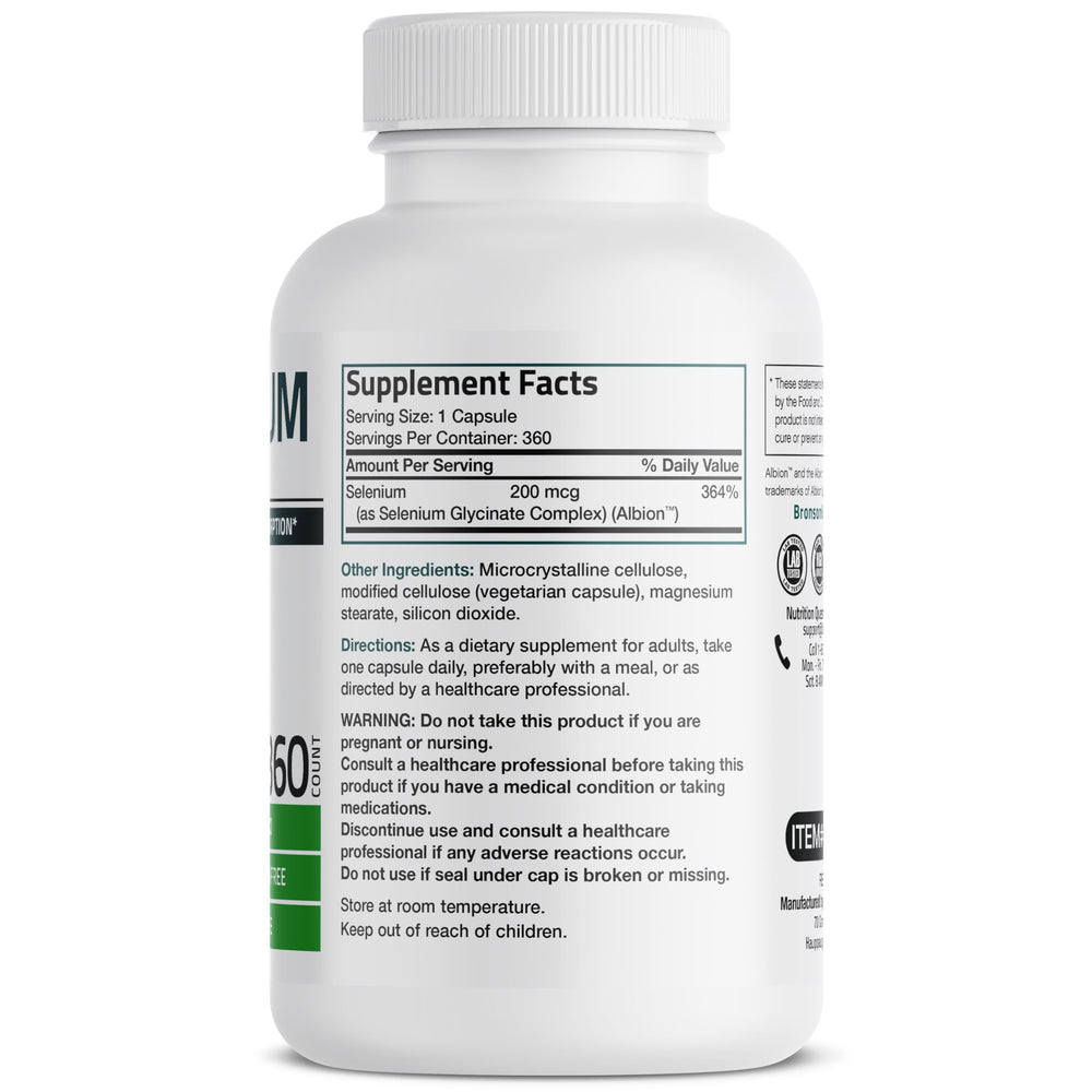 Bronson Selenium 200 mcg label ingredients shows Albion chelated minerals for better absorption
