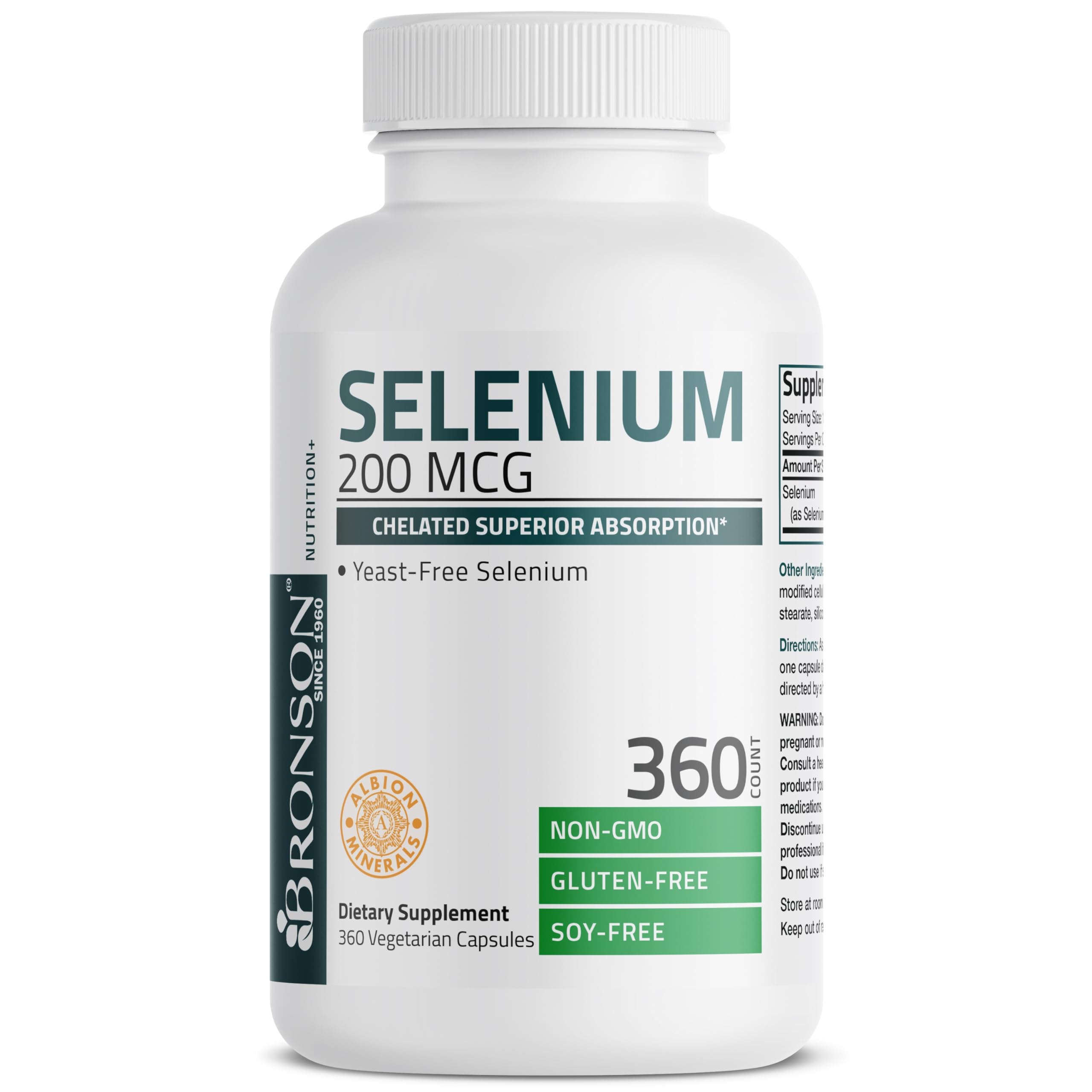 Bronson Selenium 200 mcg non-GMO gluten-free soy-free label conveys clean ingredients