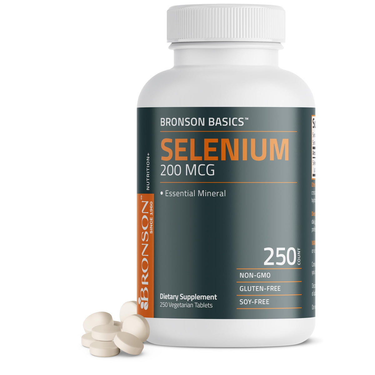 Bronson Selenium 200 mcg tablet close-up showing compact pills for daily support
