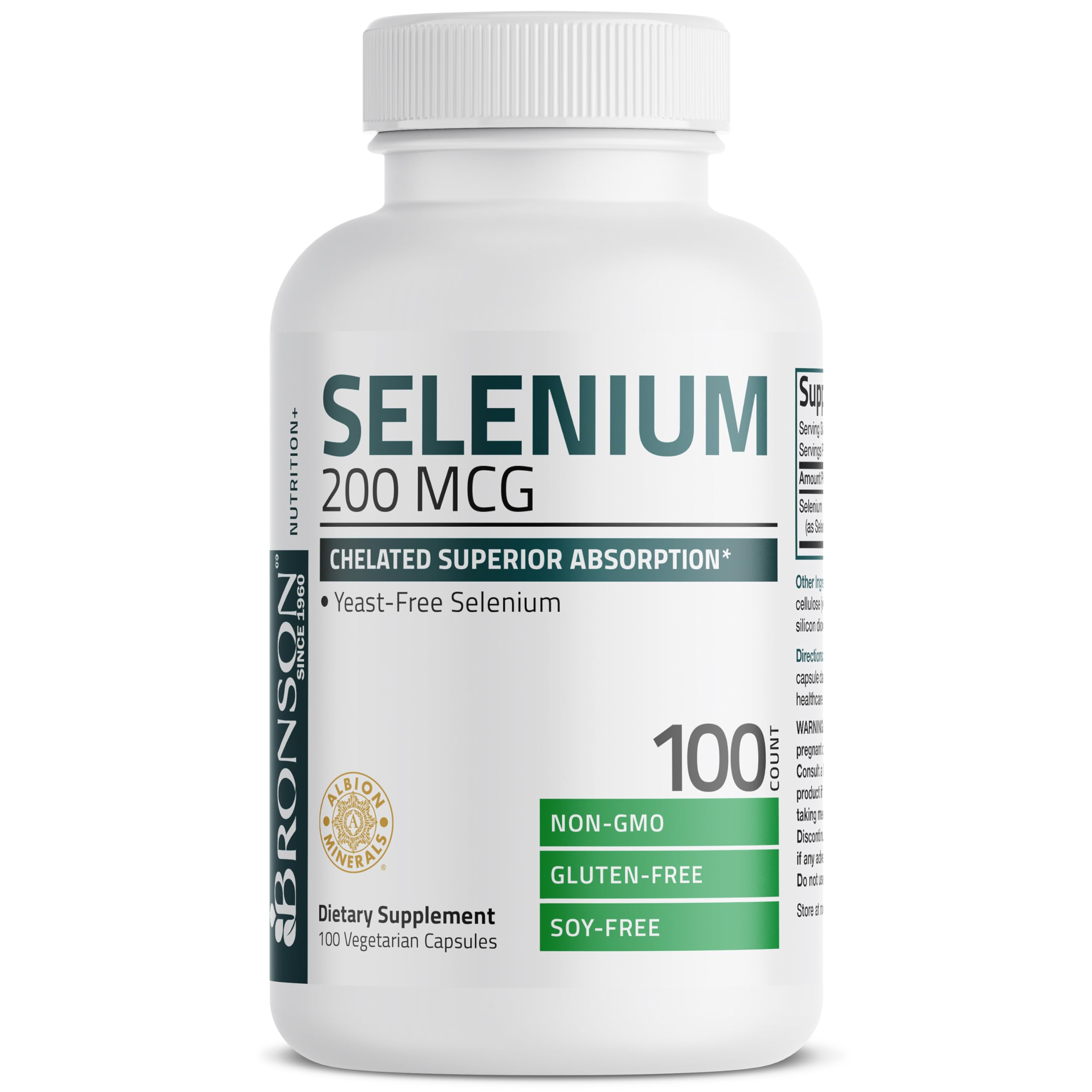 Bronson Selenium non-GMO gluten-free soy-free badge on packaging.