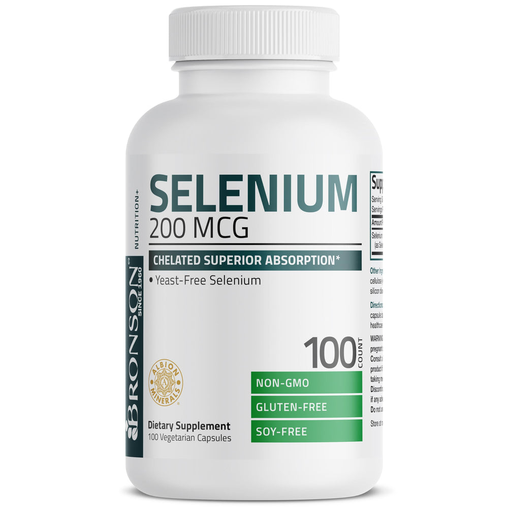 Bronson Selenium non-GMO gluten-free soy-free badge on packaging.