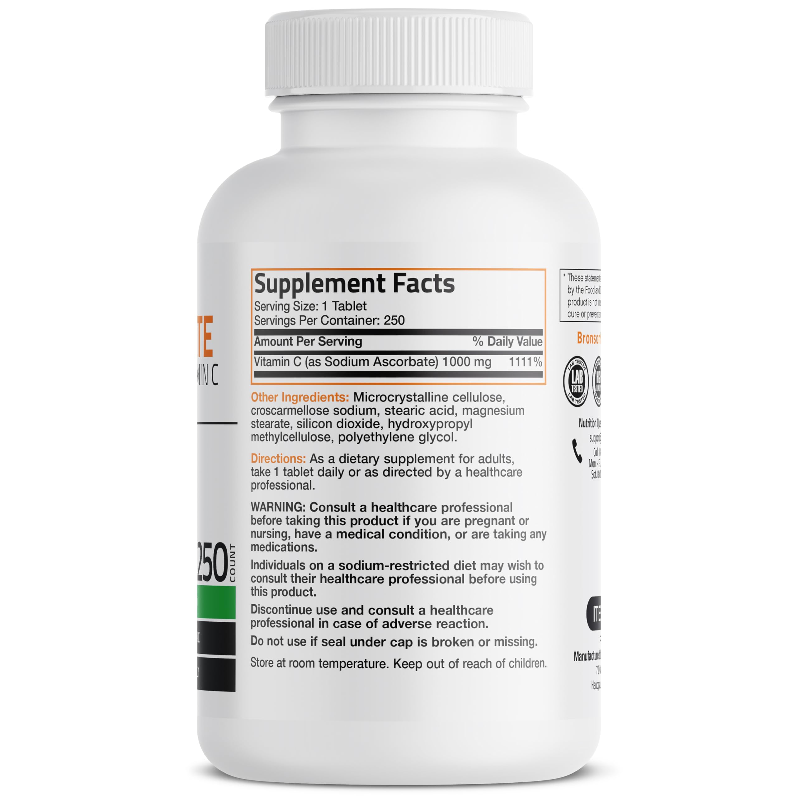 Bronson Sodium Ascorbate tablets bottle back label with GMO-free claim