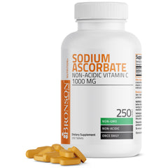 Bronson Sodium Ascorbate tablets bottle front showing 1000 mg non-acidic vitamin C