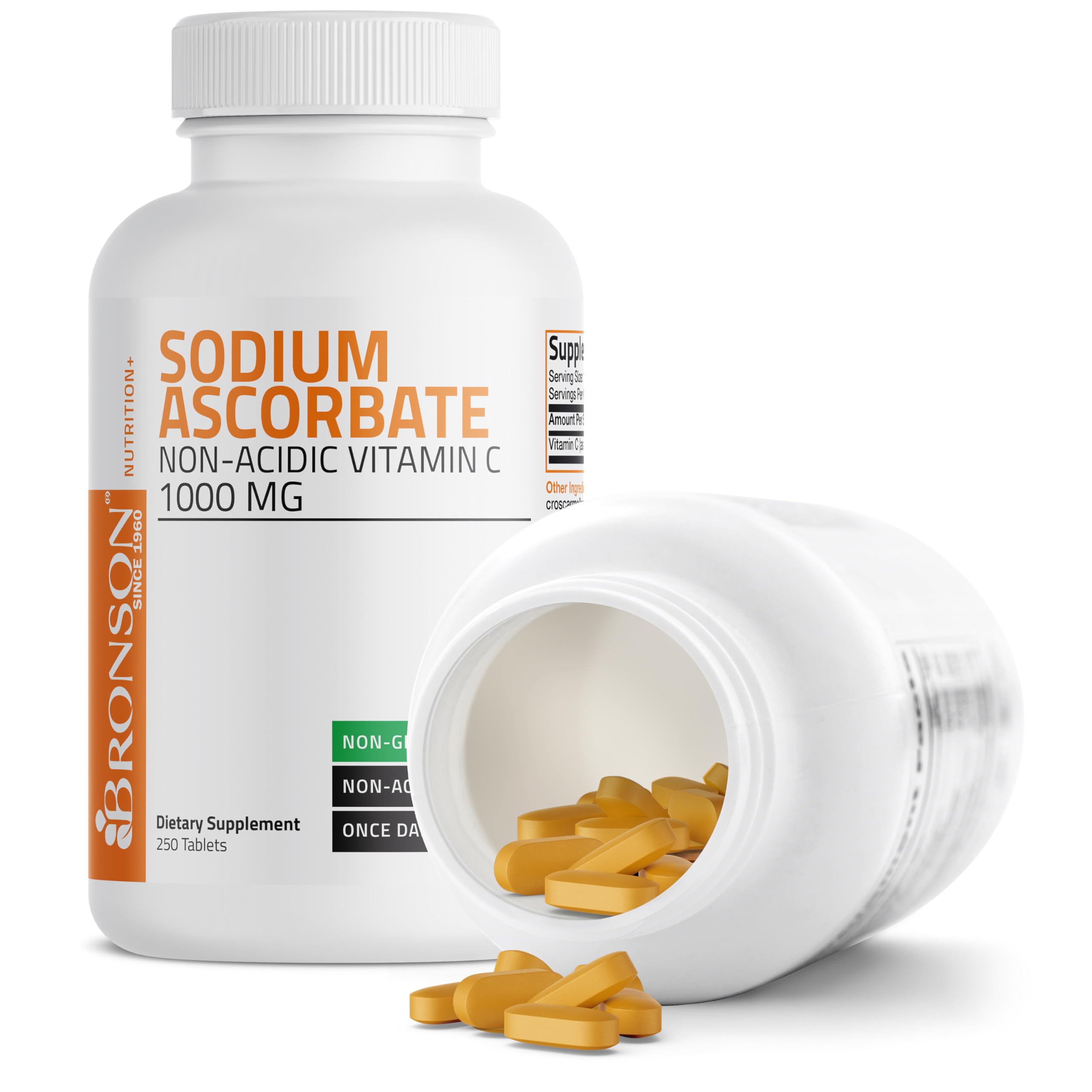 Bronson Sodium Ascorbate tablets GMO-free stamp on label